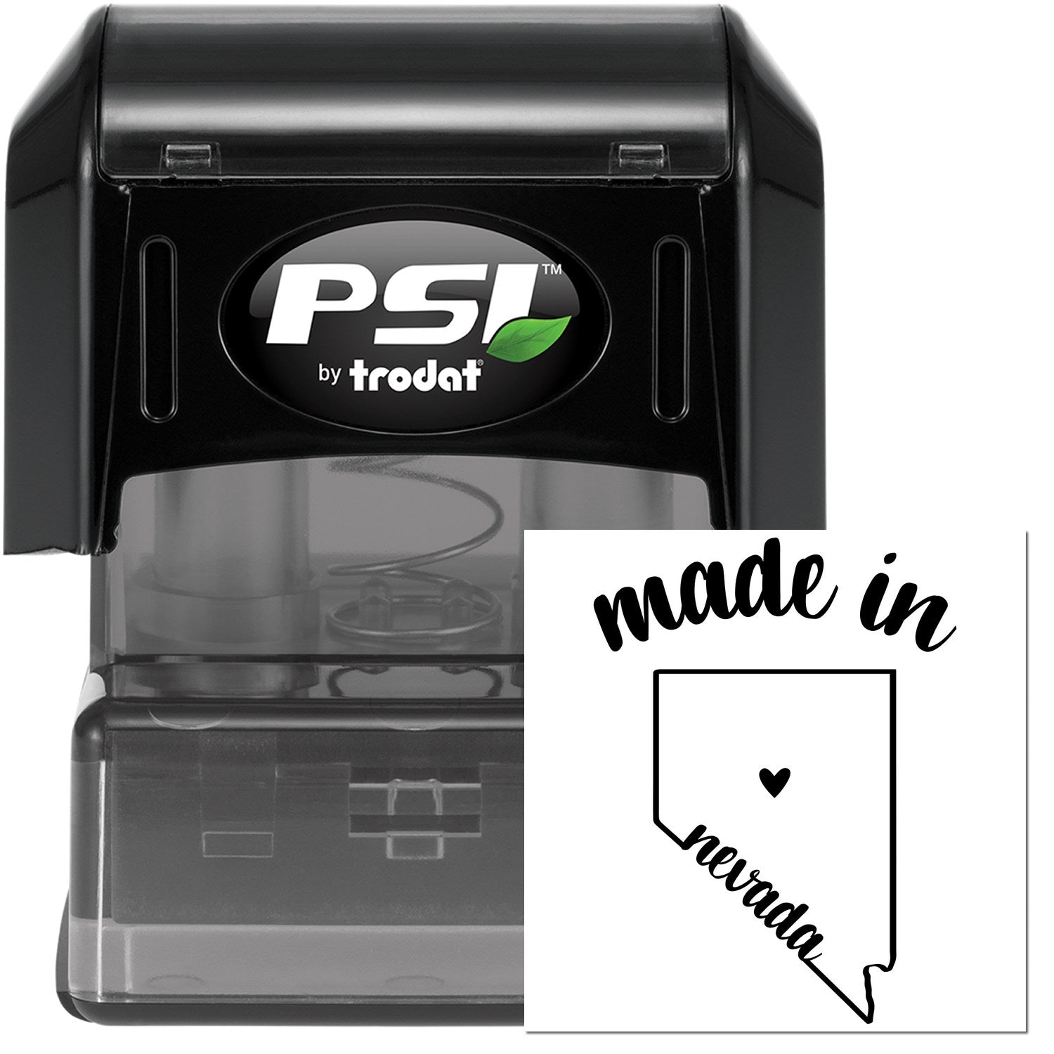 Made in Nevada Stamp Pre-Inked, featuring a black stamp with 'PSI by Trodat' logo and a design of Nevada state outline with 'made in nevada' text and heart symbol.