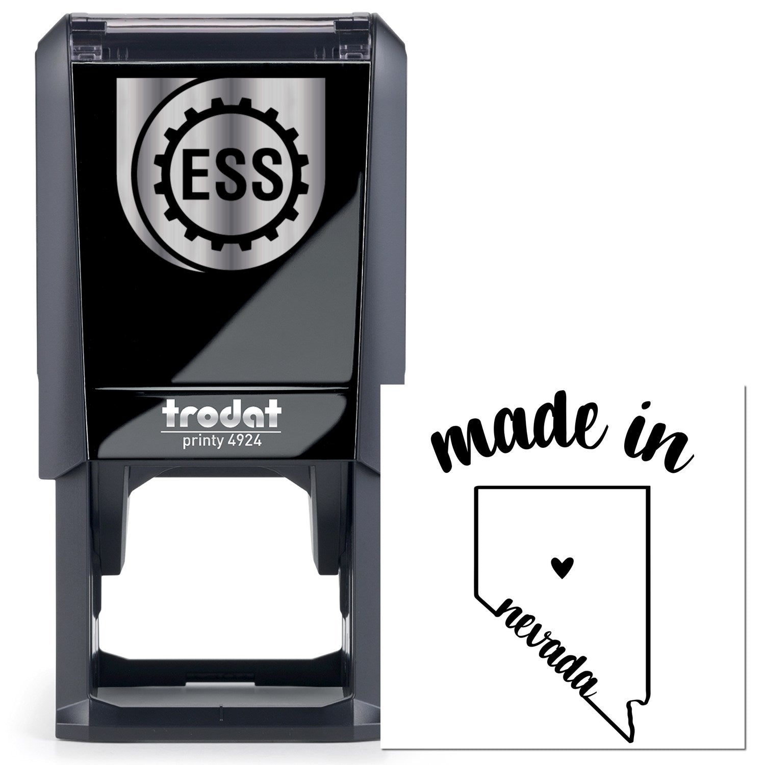 Self-Inking Handmade with Love in Nevada Stamp featuring a sleek black design with ESS logo, perfect for adding a personal touch to crafts and gifts.