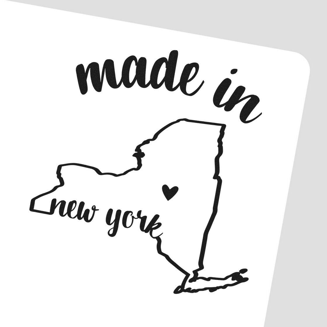 Made with Love in New York Rubber Stamp featuring a heart within the New York state outline and stylish script text. Perfect for crafts and personalized projects.