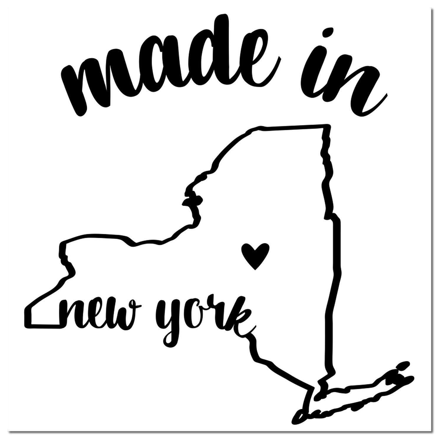 Self-Inking Handmade with Love in New York Stamp featuring a black outline of New York state with a heart, and the text 'made in New York' in stylish font.