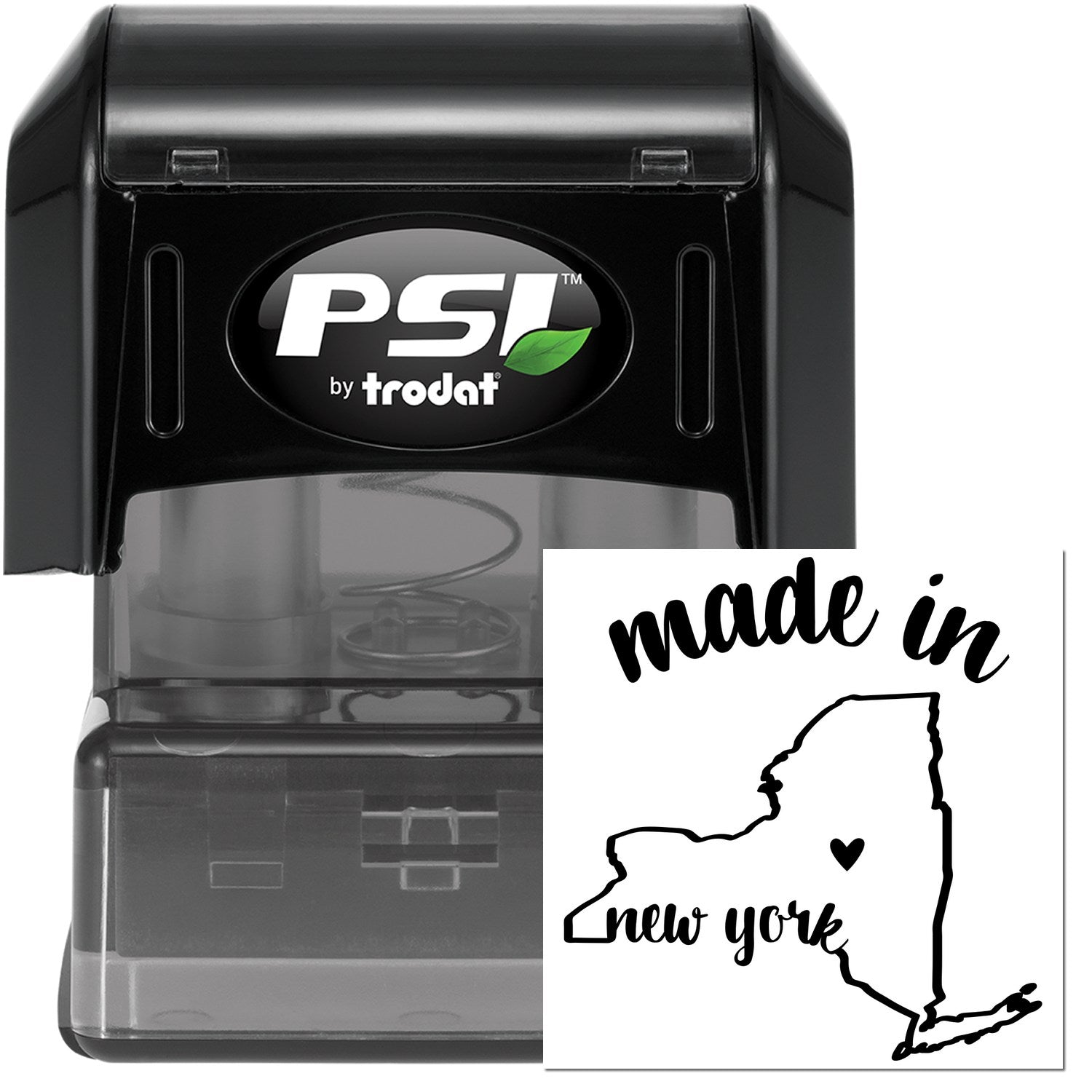 Made in New York Stamp Pre-Inked, featuring a black casing with 'PSI by Trodat' logo and a stamp design of New York state outline with 'made in New York' text and heart symbol.