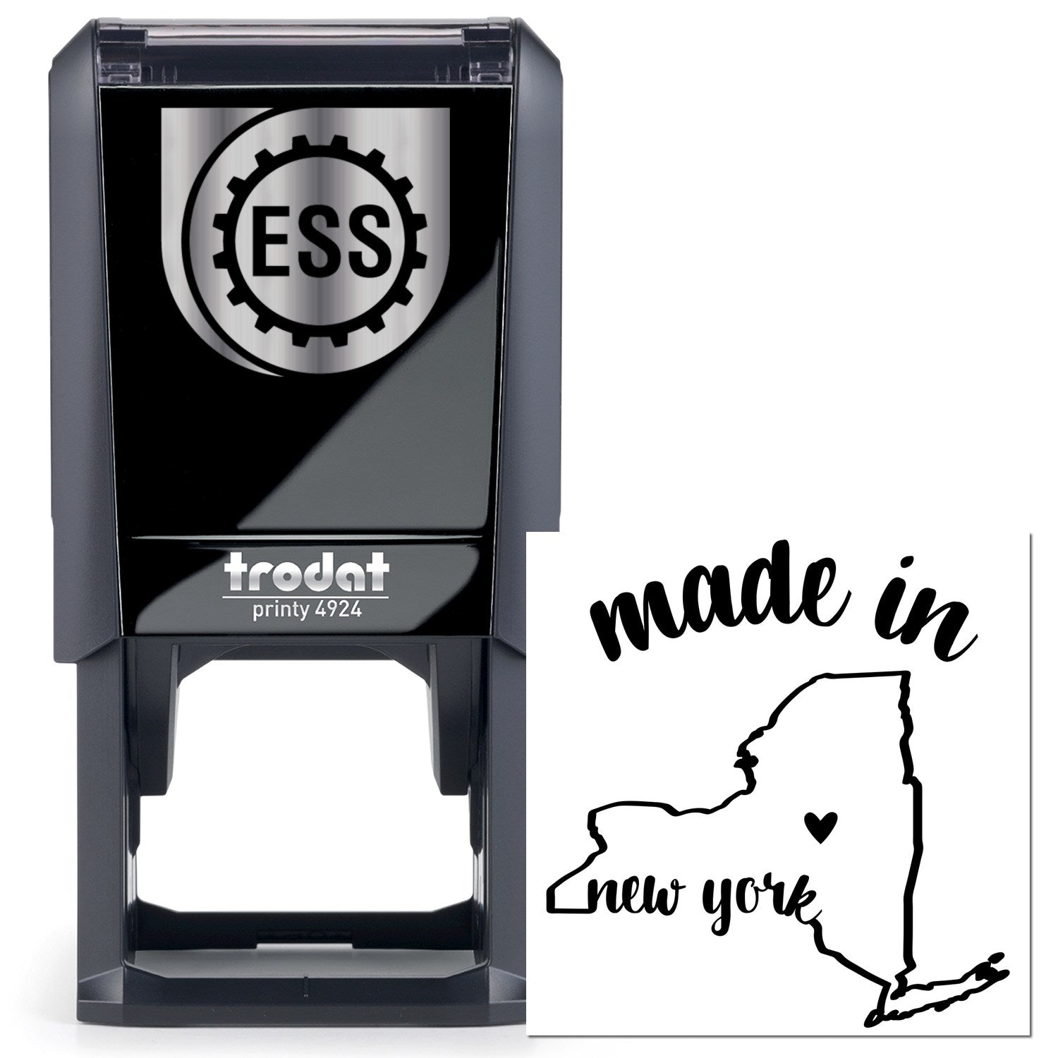 Self-Inking Handmade with Love in New York Stamp featuring a sleek black design with ESS logo, map outline of New York, and made in New York text. Perfect for personalized stamping.