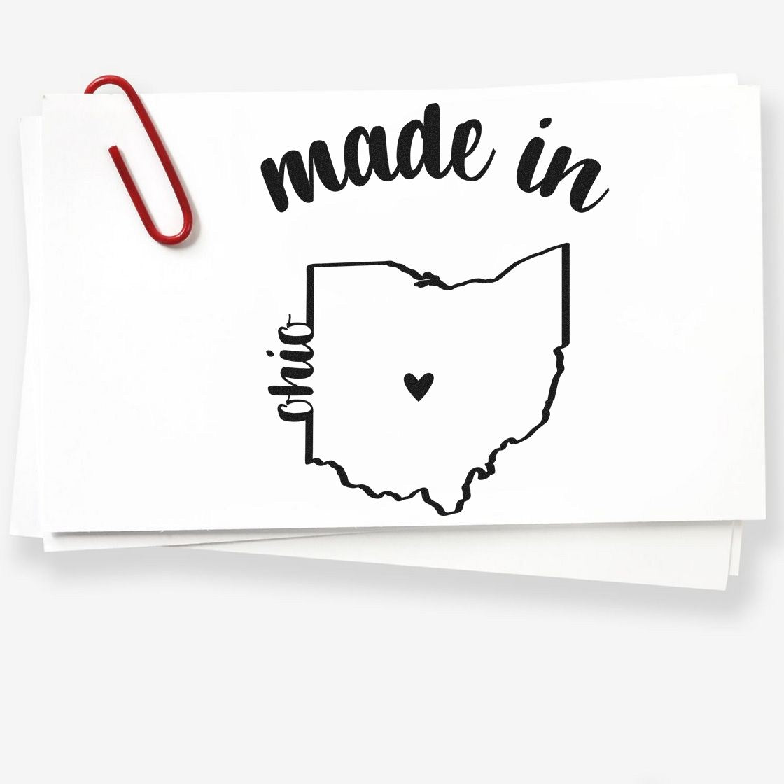 Self-Inking Handmade with Love in Ohio Stamp featuring a heart within the Ohio state outline, perfect for adding a personal touch to crafts and gifts.