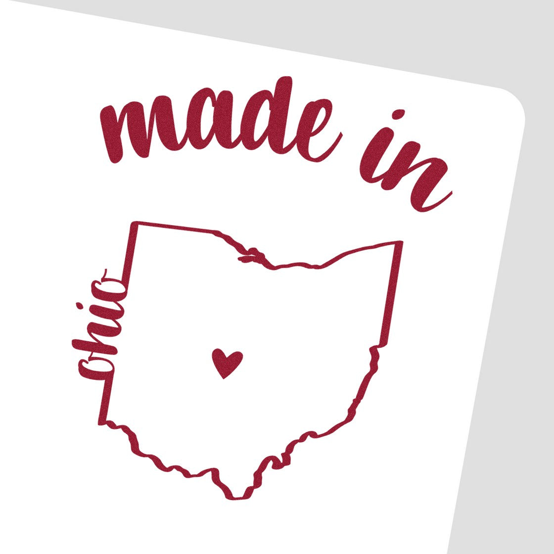 Self-Inking Handmade with Love in Ohio Stamp featuring a red outline of Ohio with 'made in' text and a heart, perfect for crafts and gifts. Durable and easy to use.