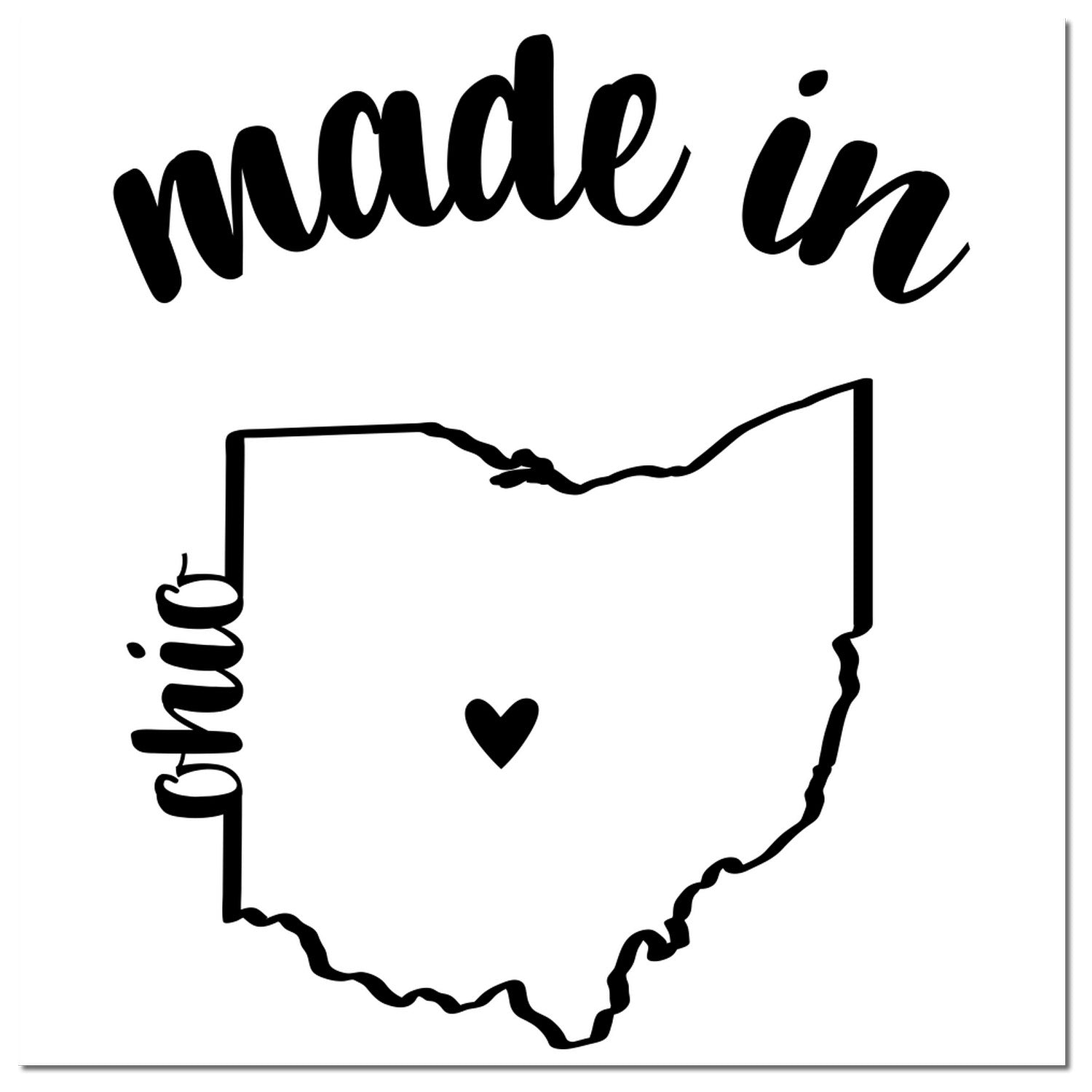 Made in Ohio Stamp Pre-Inked featuring a black outline of Ohio with 'made in' text and a heart symbol. Perfect for adding a local touch to your projects.