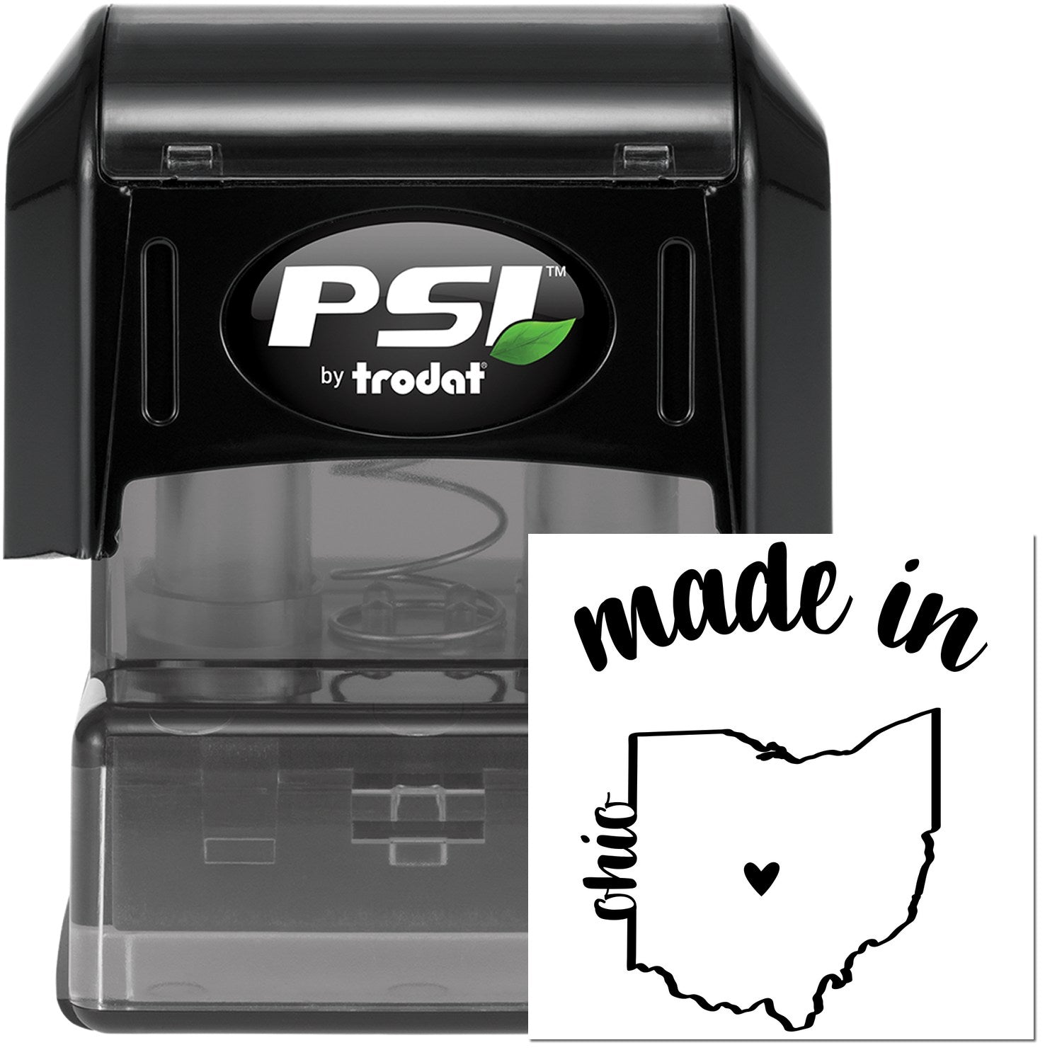 Made in Ohio Stamp Pre-Inked, featuring a black stamp with 'PSI' logo and a design of Ohio state outline with 'made in Ohio' text and heart symbol.