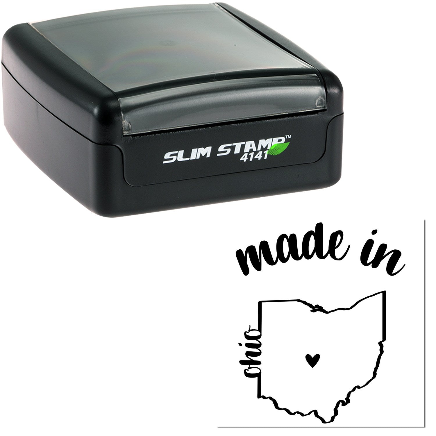 Slim Pre-Inked Stamp Ohio Made in Stamp, black casing, compact design, with made in Ohio imprint featuring a heart inside the state outline. Perfect for efficient, high-quality stamping.