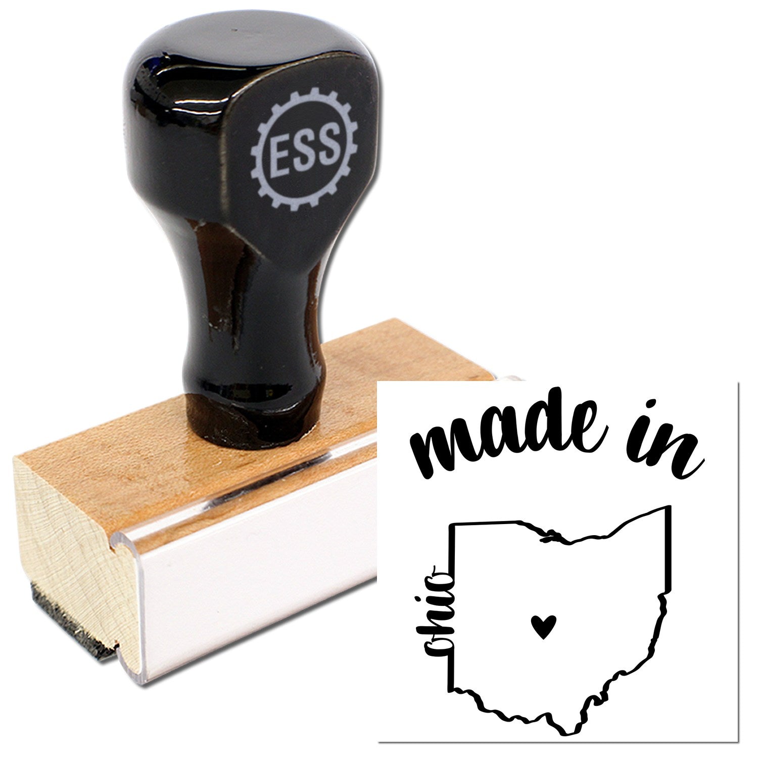 Made with Love in Ohio Rubber Stamp featuring a wooden handle and black rubber design, showcasing the outline of Ohio with a heart. Perfect for crafts and personalized projects.