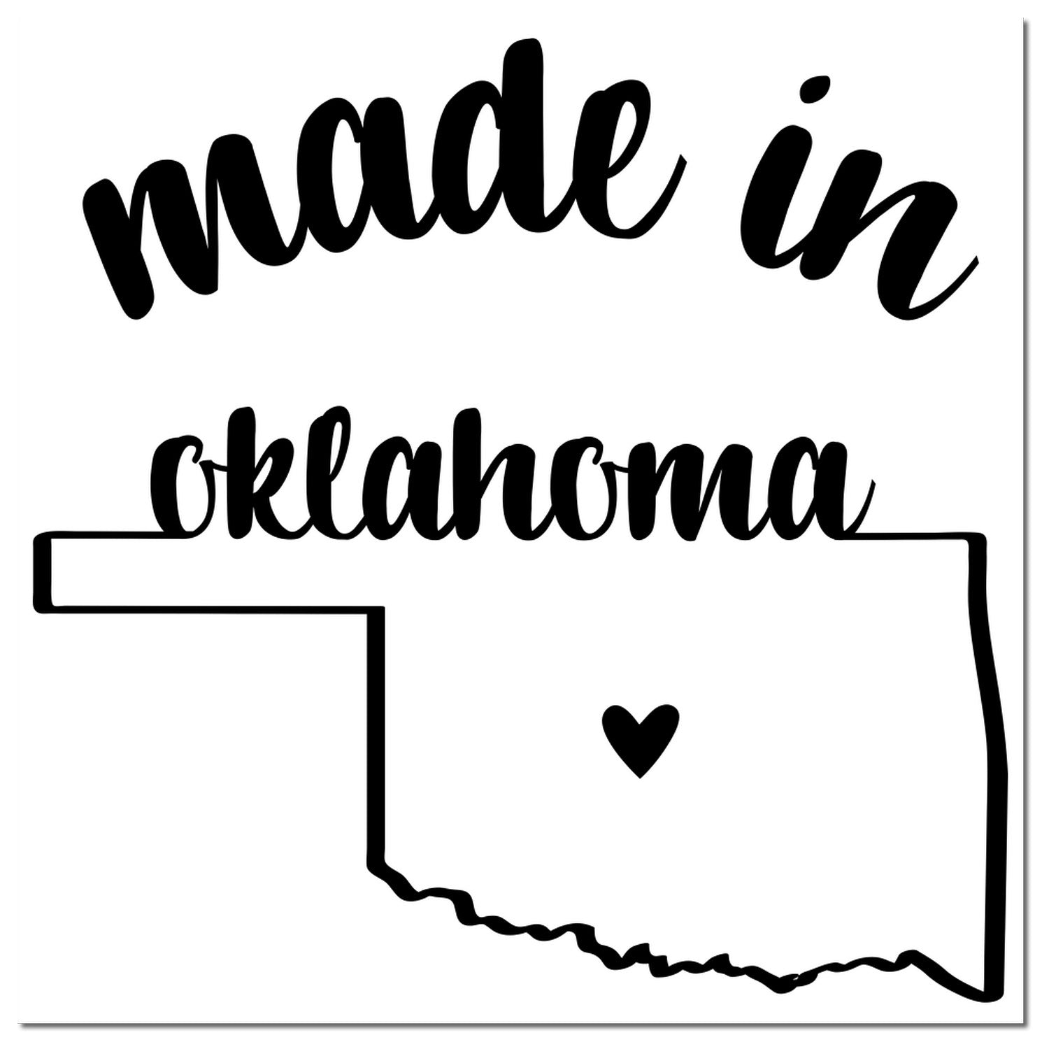 Self-Inking Handmade with Love in Oklahoma Stamp featuring 'made in oklahoma' text and state outline with heart. Perfect for crafts and gifts. Black ink imprint.