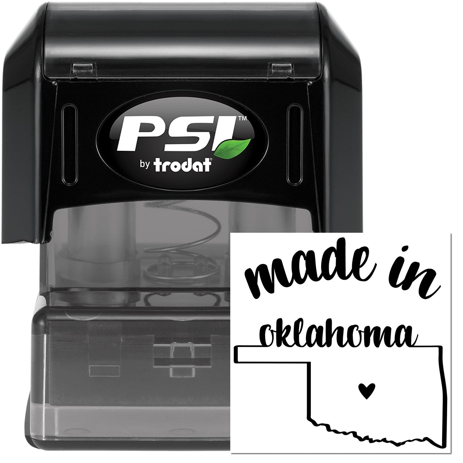 Made in Oklahoma Stamp Pre-Inked, featuring a black casing with 'PSI by Trodat' logo and a stamp design of Oklahoma state outline with 'made in oklahoma' text and heart symbol.