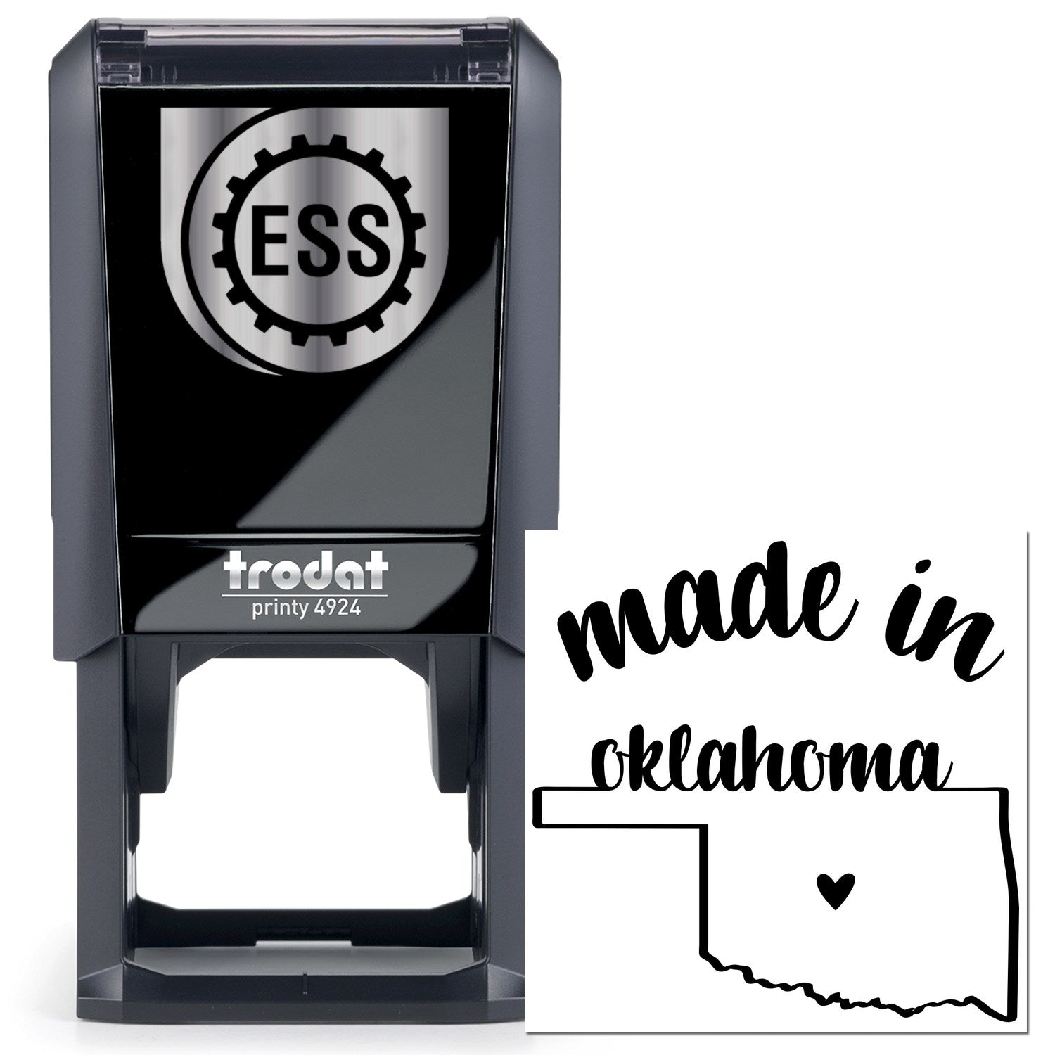 Self-Inking Handmade with Love in Oklahoma Stamp featuring a sleek black design with ESS logo, perfect for adding a personal touch to crafts and gifts.