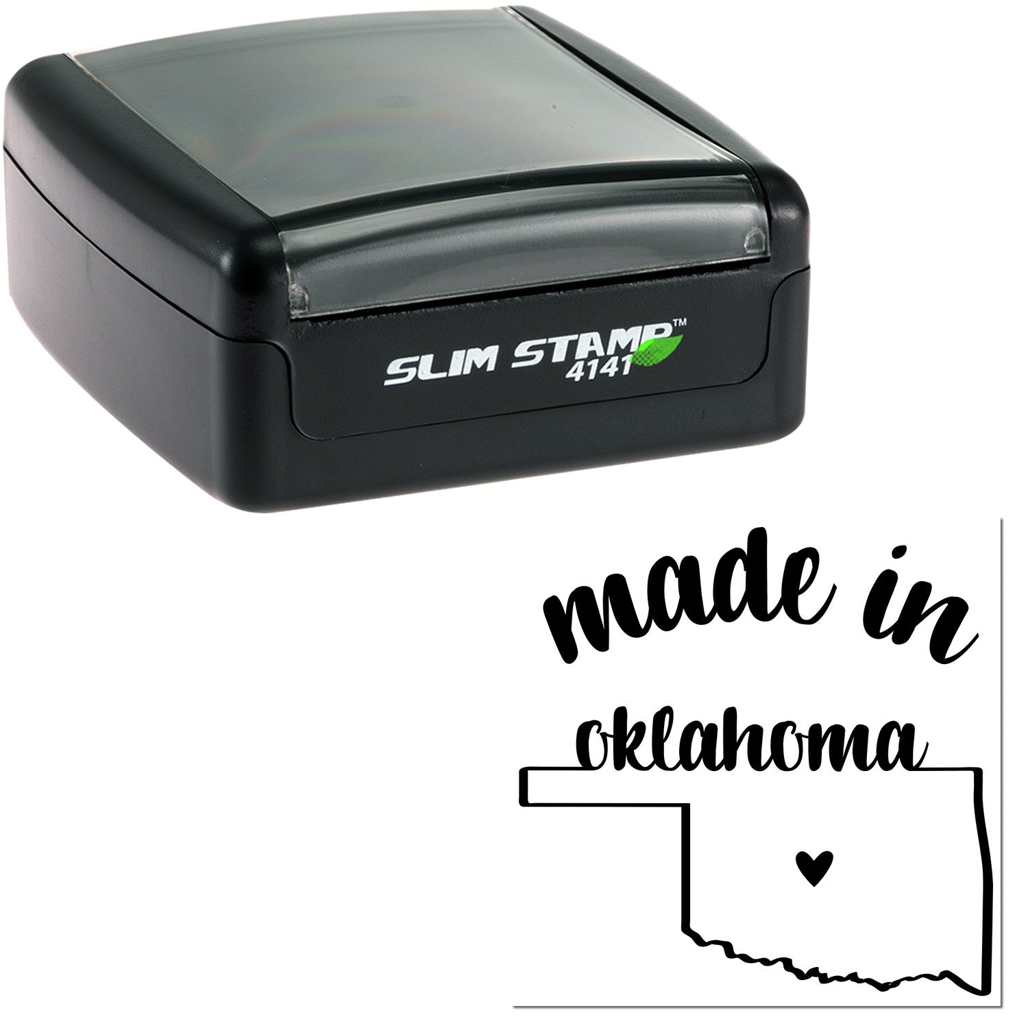 Slim Pre-Inked Stamp Oklahoma Made in Stamp, featuring a sleek black design with Slim Stamp 4141 branding, and a Made in Oklahoma imprint with a heart inside the state outline.