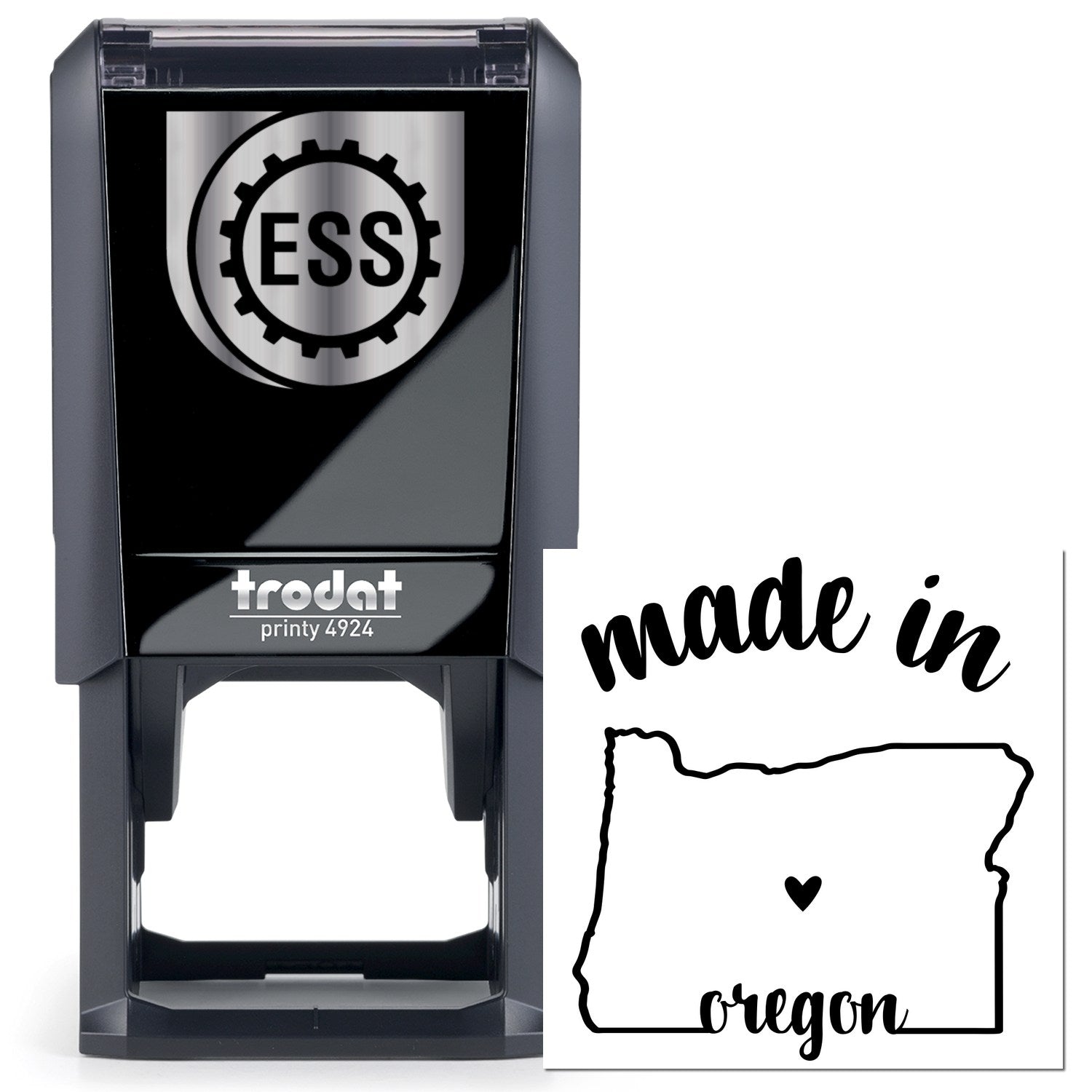 Self-Inking Handmade with Love in Oregon Stamp featuring a sleek black design with ESS logo, and a made in Oregon imprint. Perfect for adding a personal touch to crafts and gifts.