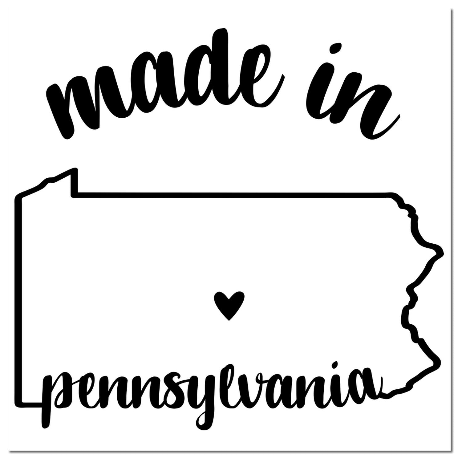 Made in Pennsylvania Stamp Pre-Inked featuring a black outline of Pennsylvania with 'made in' above and 'pennsylvania' below, centered with a heart. Perfect for crafts and branding.