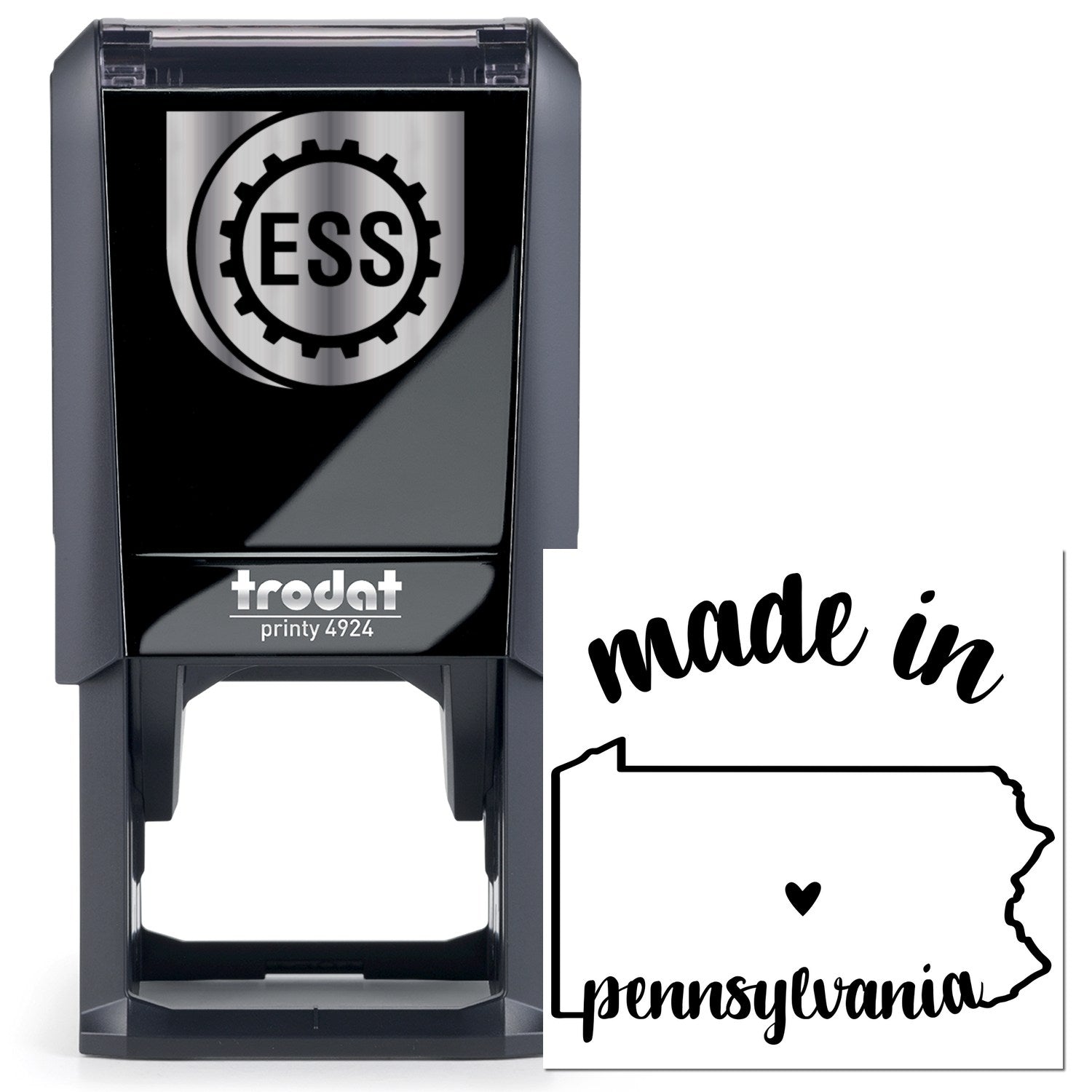 Self-Inking Handmade with Love in Pennsylvania Stamp featuring a sleek black design with ESS logo, perfect for adding a personal touch to crafts and stationery.