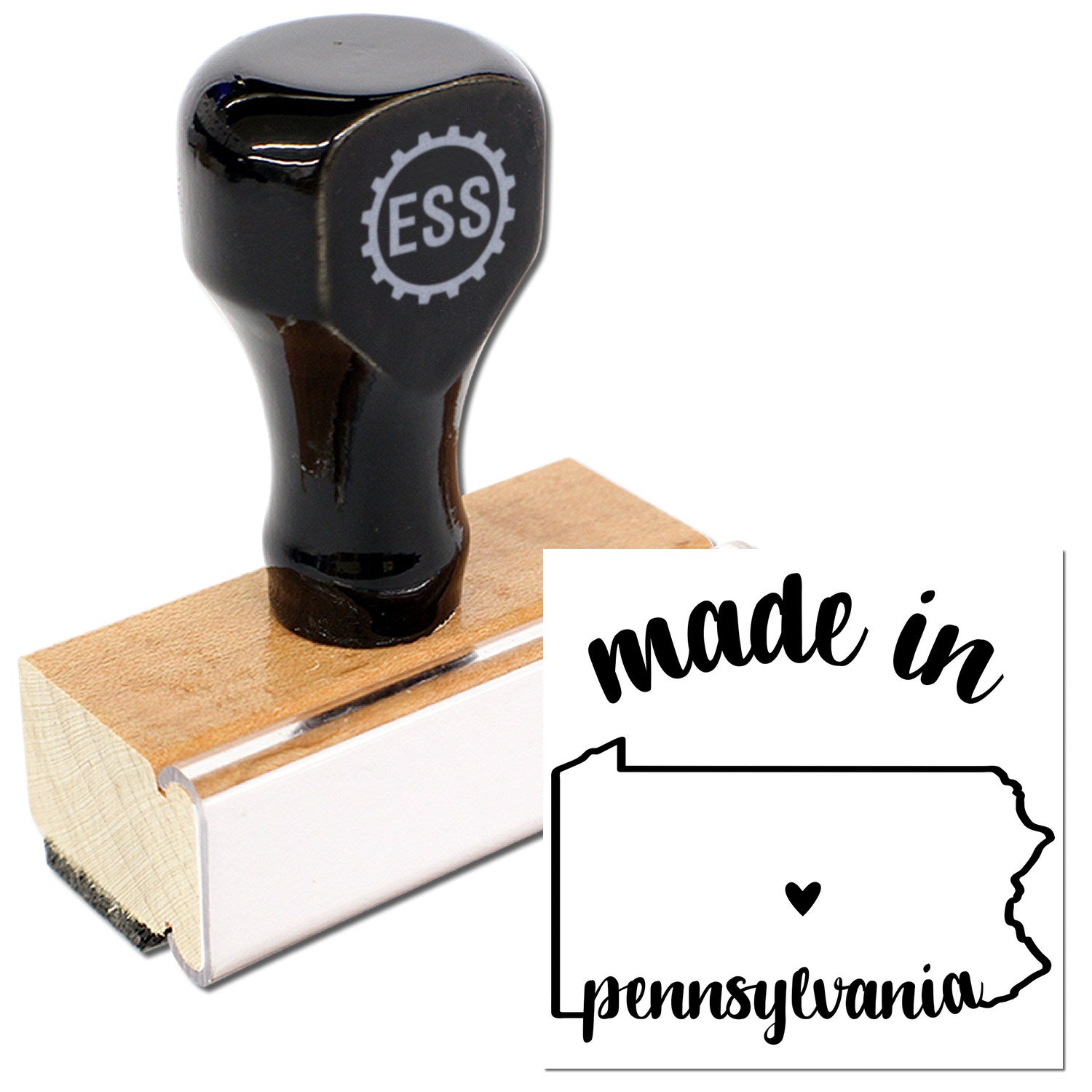 Made with Love in Pennsylvania Rubber Stamp featuring a wooden handle and black top with ESS logo, alongside a stamped design of Pennsylvania state outline and text.