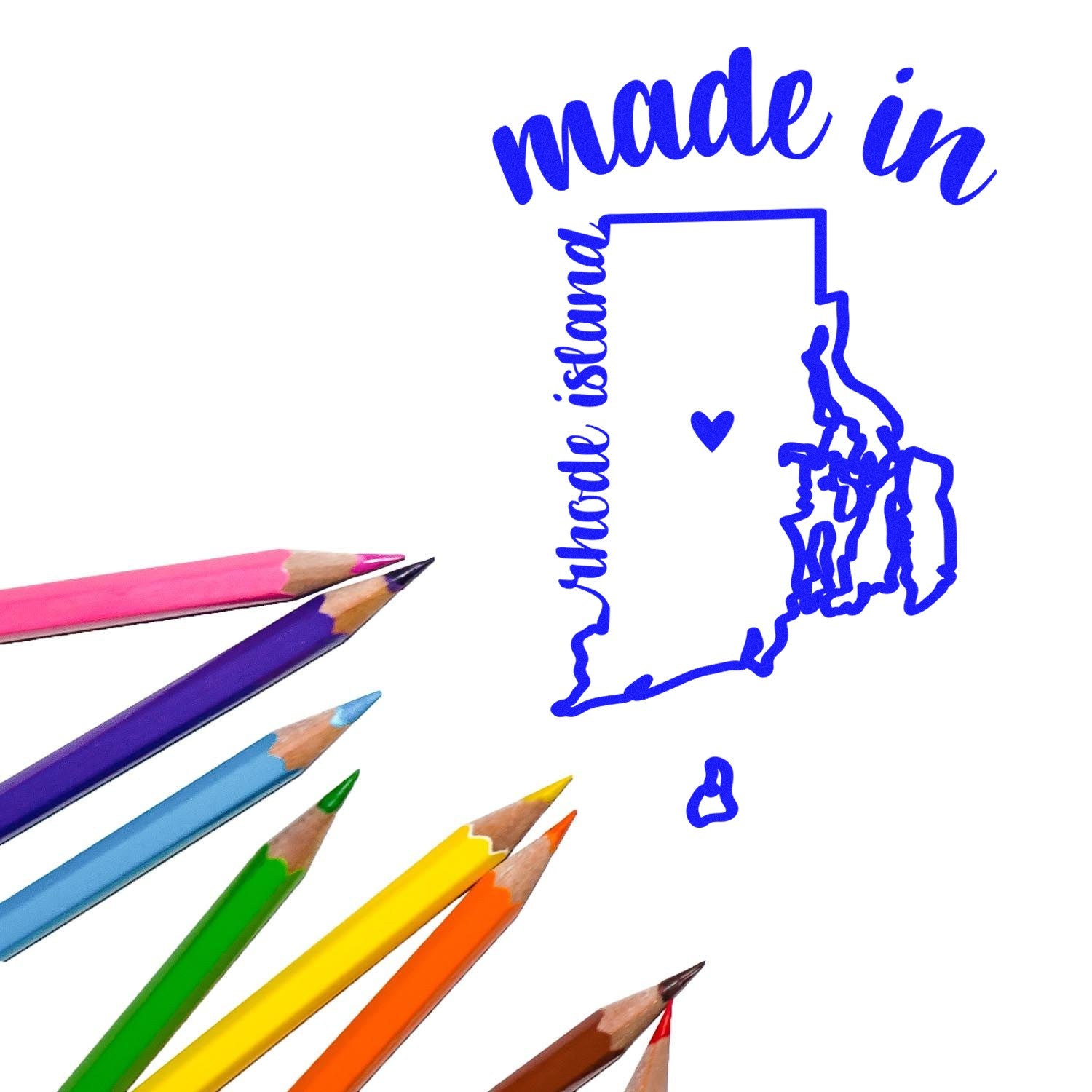 Self-Inking Handmade with Love in Rhode Island Stamp featuring a blue state outline and heart, with colorful pencils nearby. Perfect for crafts and personalized projects.