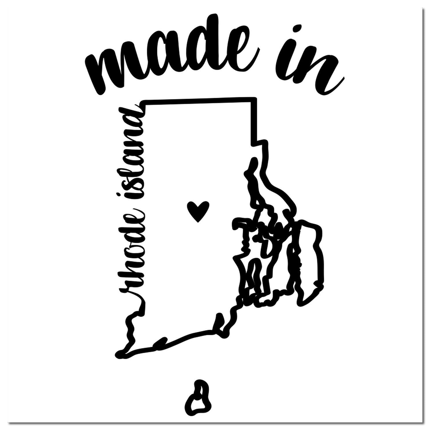 Made with Love in Rhode Island Rubber Stamp featuring a black outline of Rhode Island with a heart symbol, and stylish text. Perfect for crafts and gifts. High-quality design.