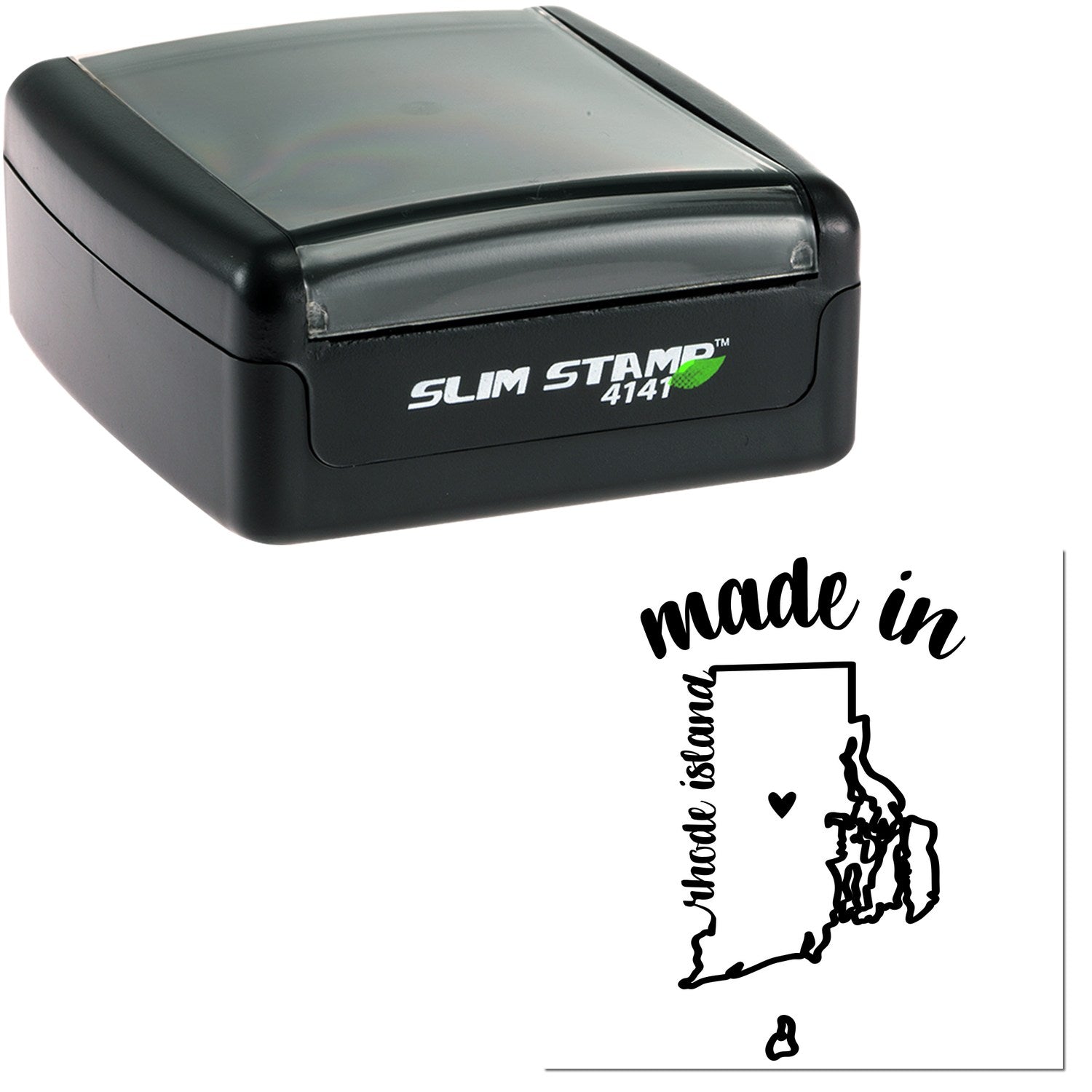 Slim Pre-Inked Stamp Rhode Island Made in Stamp, featuring a sleek black design with a map outline and heart symbol, perfect for personalized stamping needs.