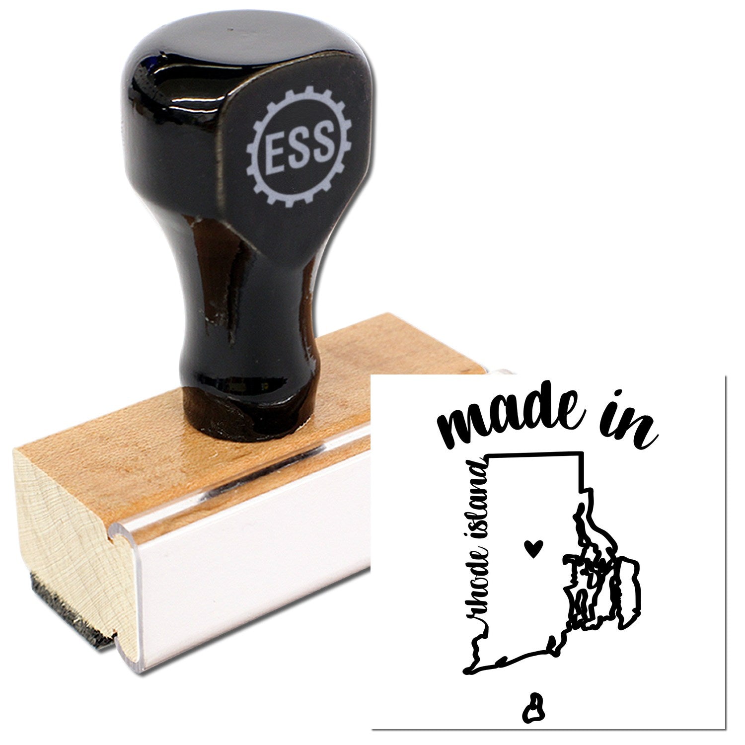 Made with Love in Rhode Island Rubber Stamp featuring a wooden handle and black top, with a design of Rhode Island's map and 'made in' text. Perfect for crafts and gifts.