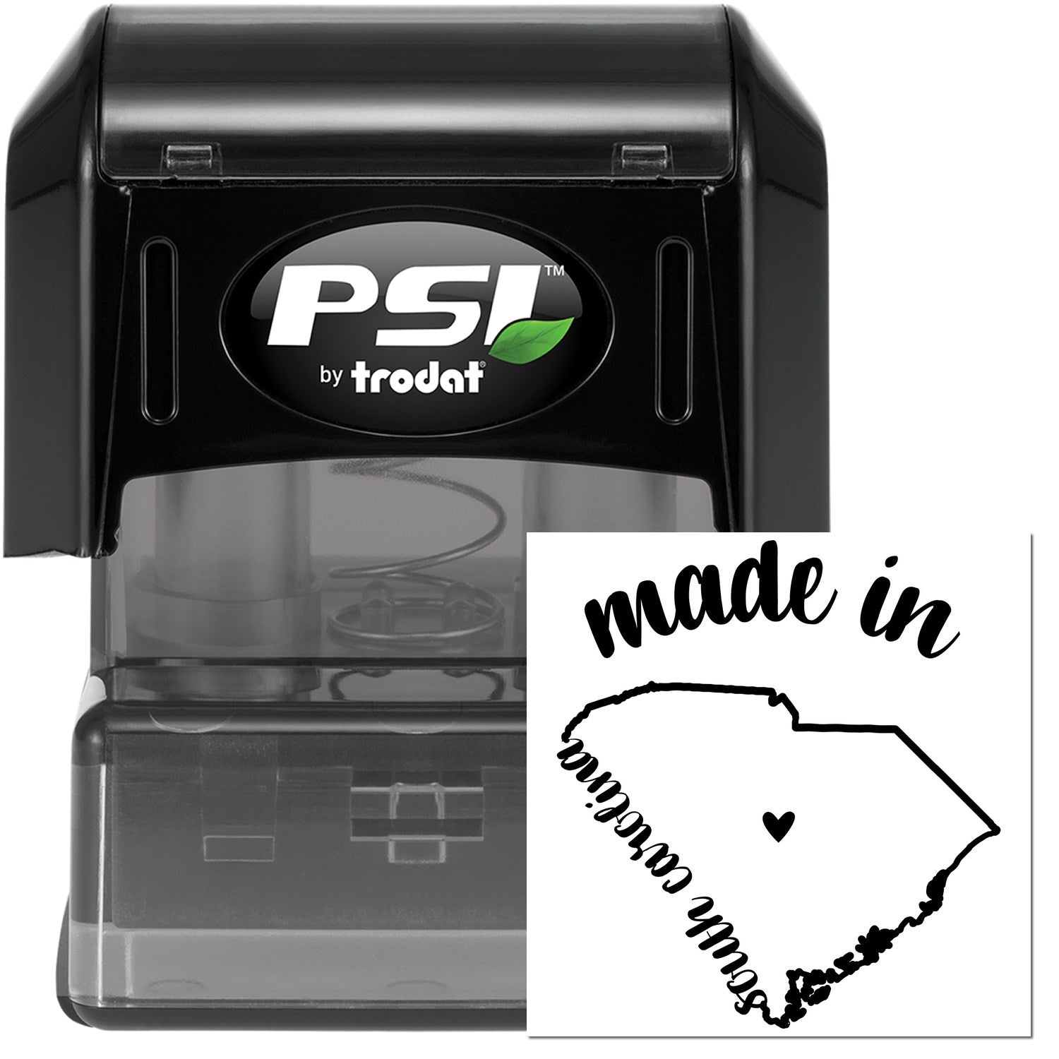 Made in South Carolina Stamp Pre-Inked, featuring a black stamp with 'made in' text and a heart inside the state outline. Ideal for crafts and branding. Pre-inked for convenience.