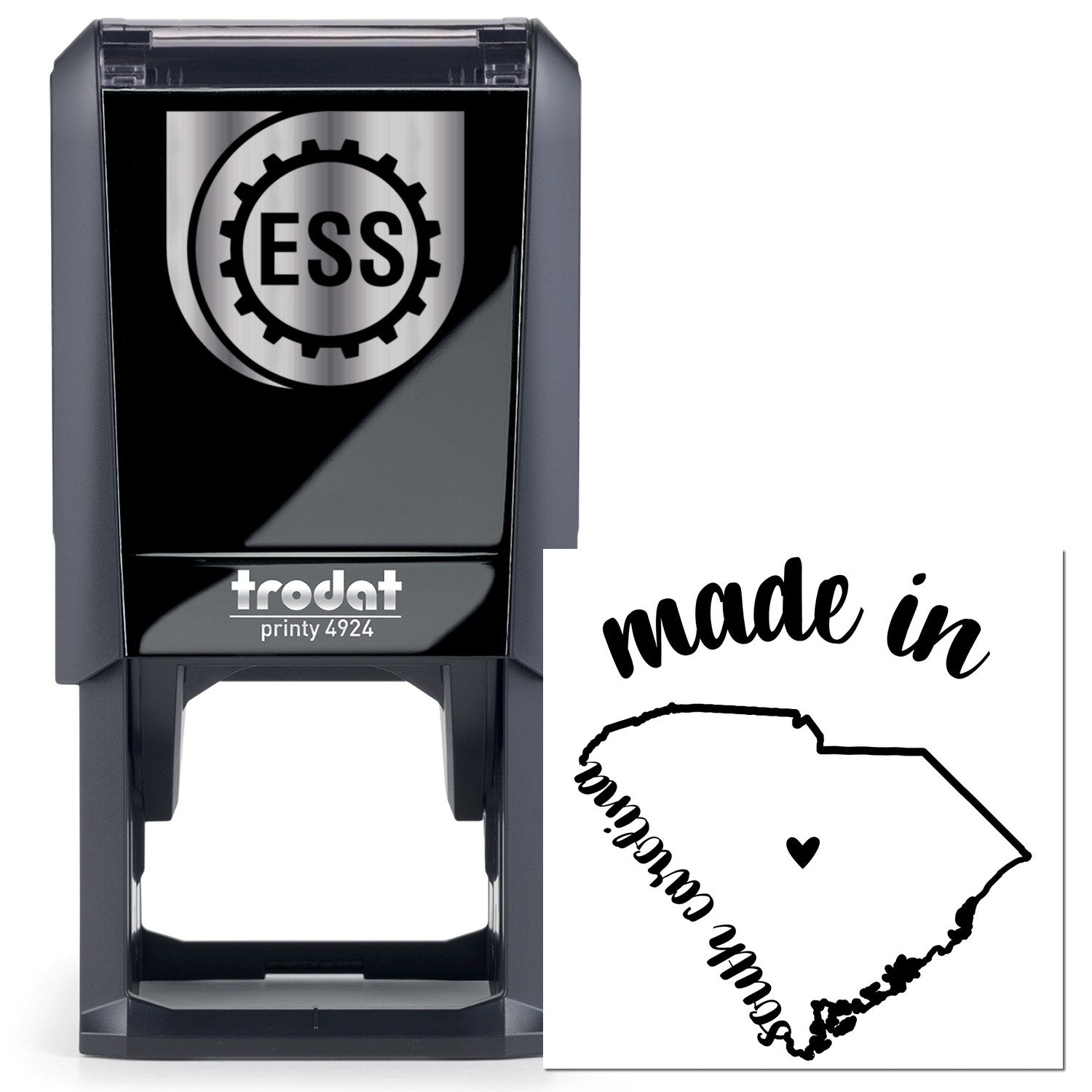 Self-Inking Handmade with Love in South Carolina Stamp featuring a sleek black design with ESS logo, perfect for adding a personal touch to crafts and stationery.