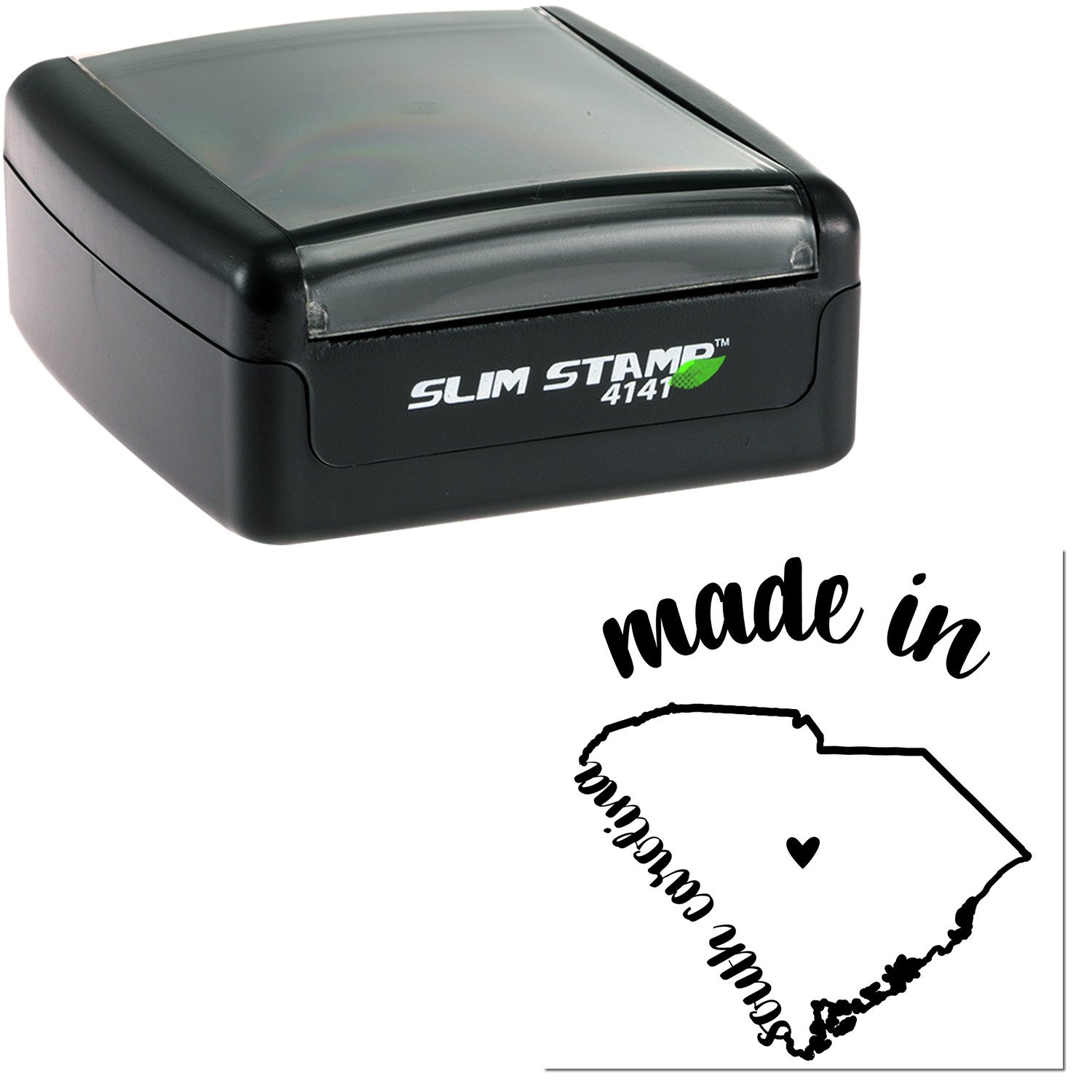 Slim Pre-Inked Stamp South Carolina Made in Stamp, featuring a sleek black design with 'Slim Stamp 4141' branding and a South Carolina outline with 'made in' text.