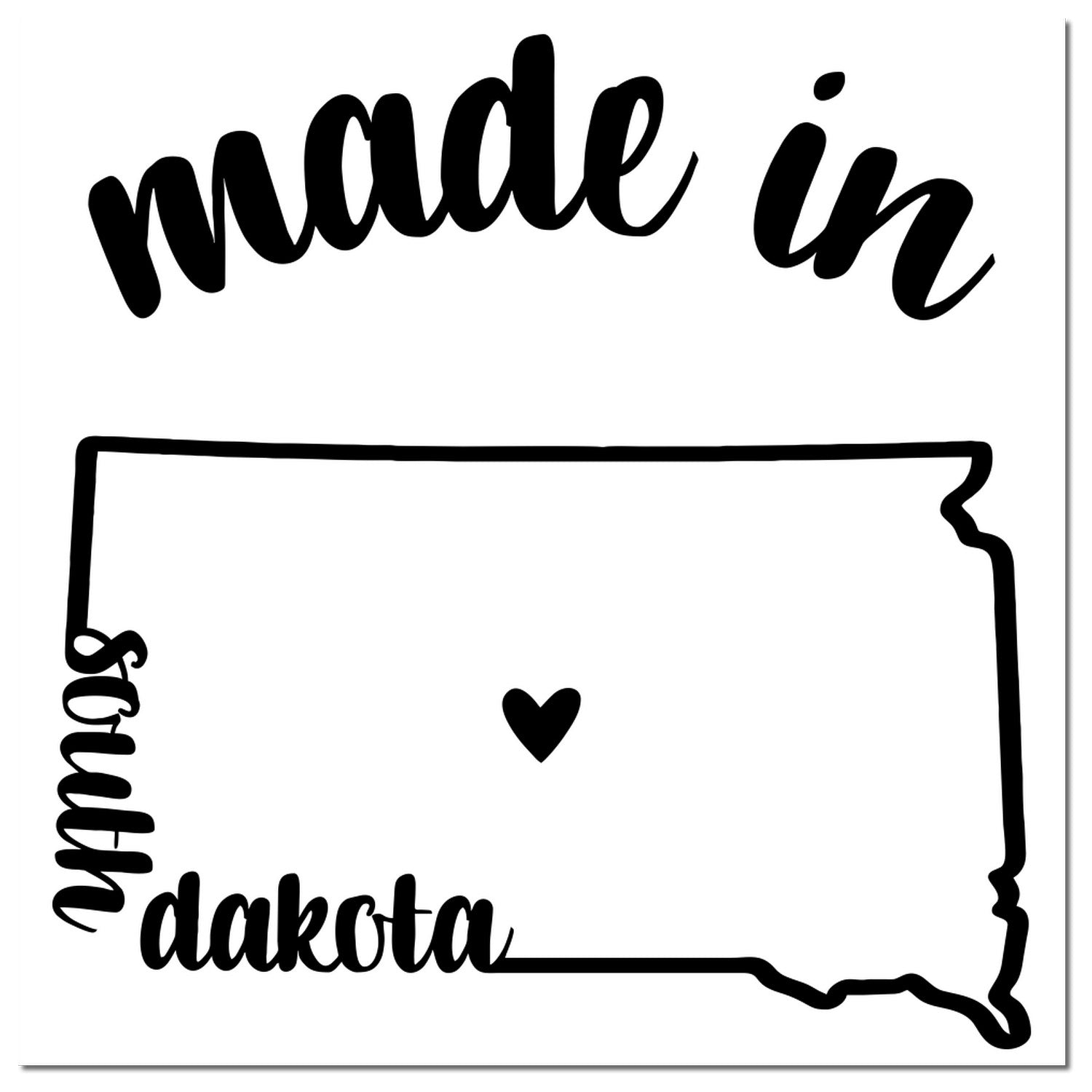 Self-Inking Handmade with Love in South Dakota Stamp featuring a heart inside the state outline with 'made in South Dakota' text. Perfect for crafts and gifts.