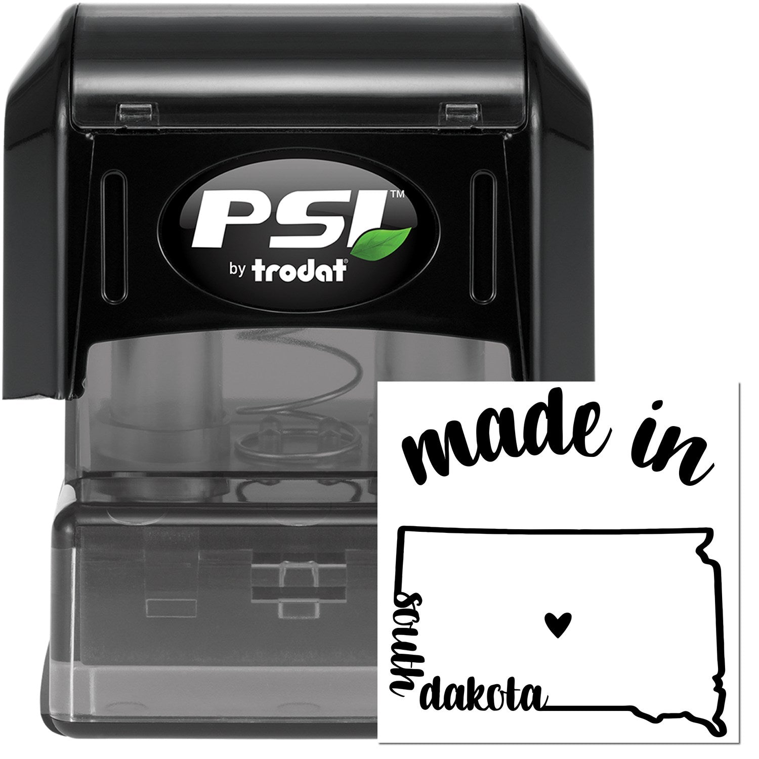 Made in South Dakota Stamp Pre-Inked, featuring a black casing with 'PSI' logo and a stamp design of South Dakota outline with 'made in' text and heart symbol.