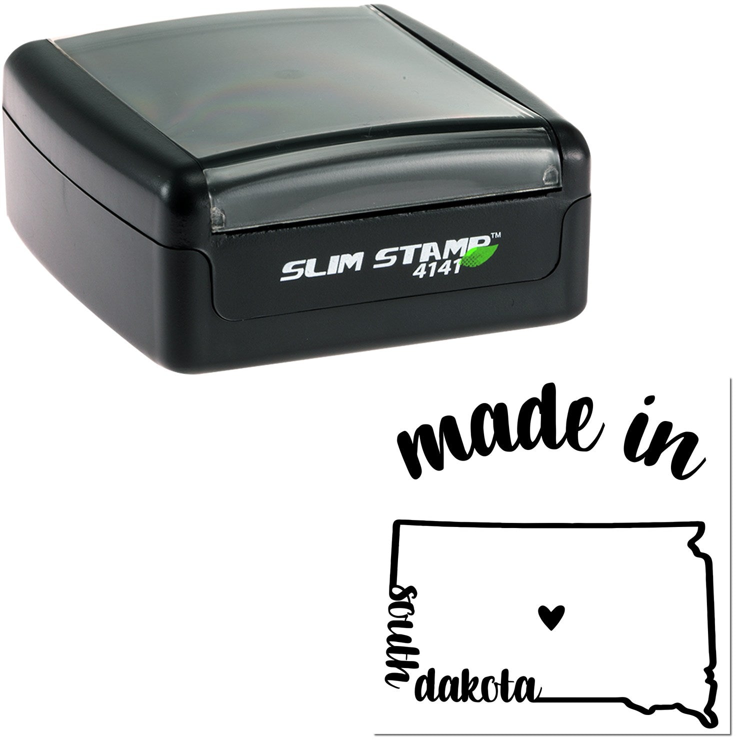 Slim Pre-Inked Stamp South Dakota Made in Stamp, featuring a sleek black design with Made in South Dakota text and state outline. Ideal for personalized stamping needs.