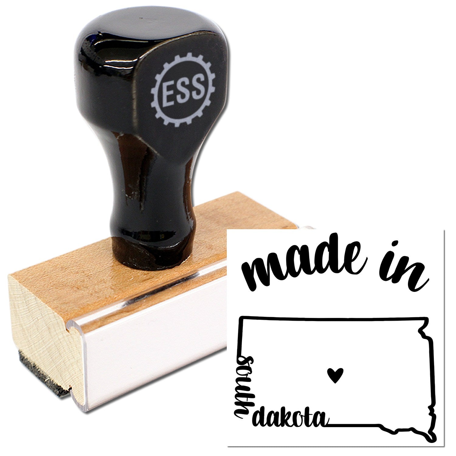 Made with Love in South Dakota Rubber Stamp featuring a wooden handle and black rubber design with state outline and heart. Perfect for crafts and personalized projects.