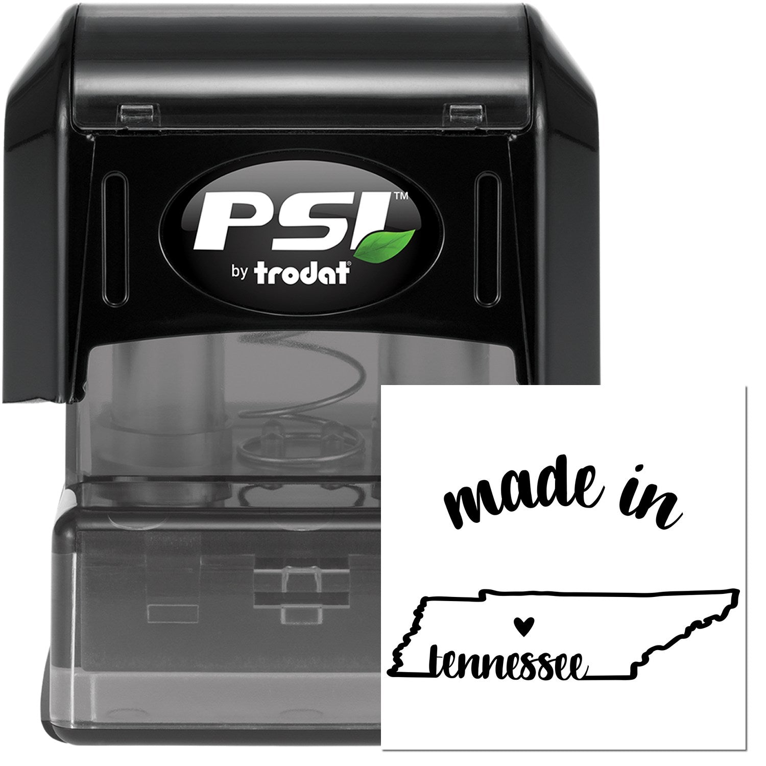 Made in Tennessee Stamp Pre-Inked, featuring a black casing with 'PSI by Trodat' logo and a stamp design of Tennessee state outline with 'made in Tennessee' text.