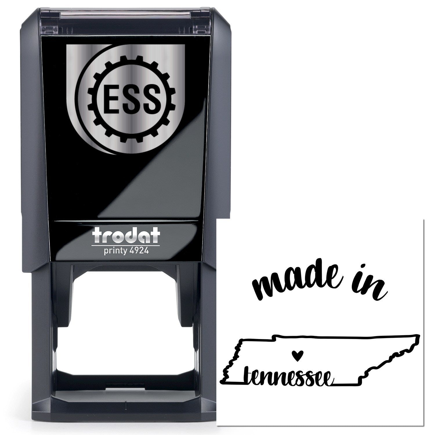 Self-Inking Handmade with Love in Tennessee Stamp featuring a sleek black design with ESS logo, perfect for adding a personal touch to crafts and gifts.