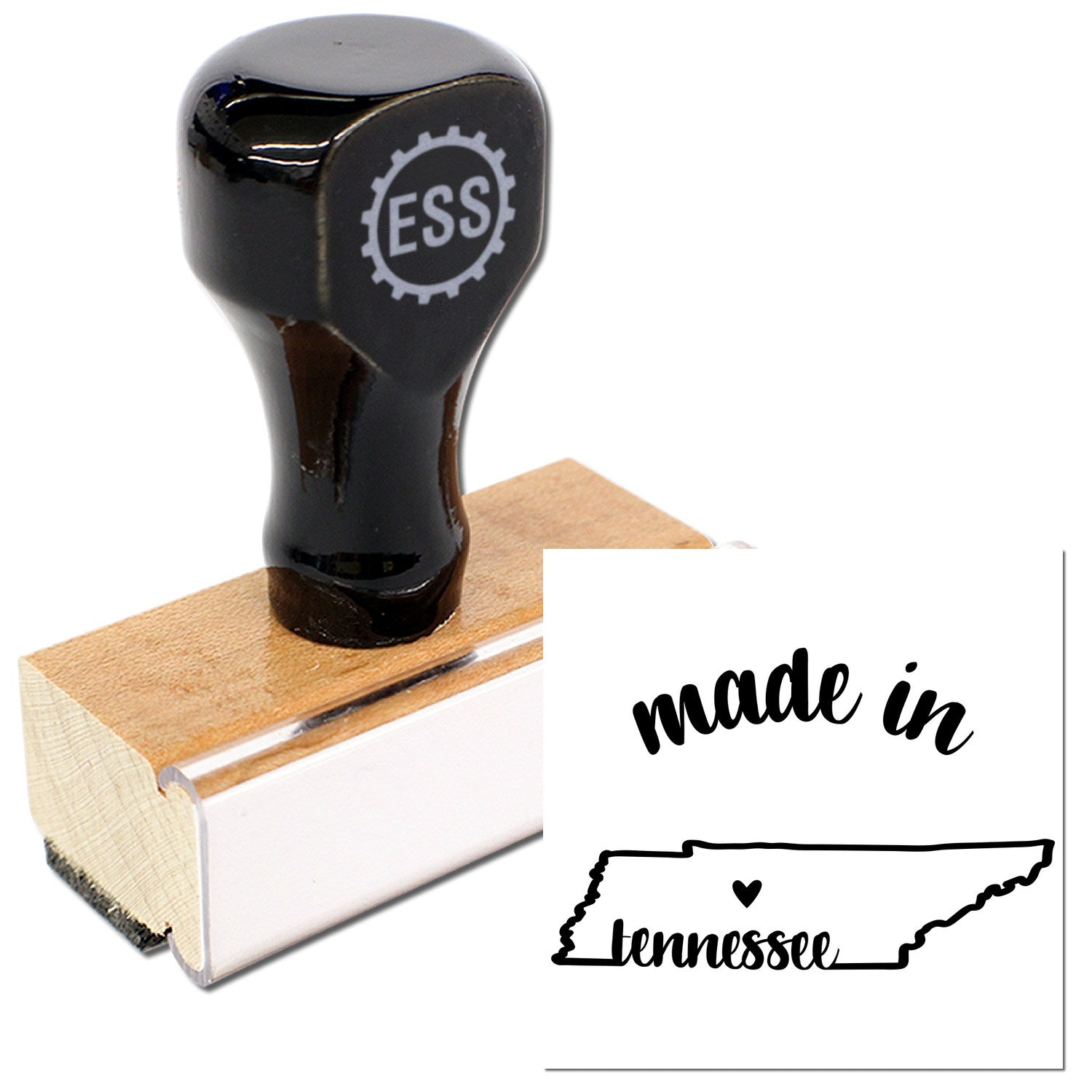 Made with Love in Tennessee Rubber Stamp featuring a wooden handle and black top with ESS logo, alongside a stamped image of Tennessee with 'made in' text and heart graphic.