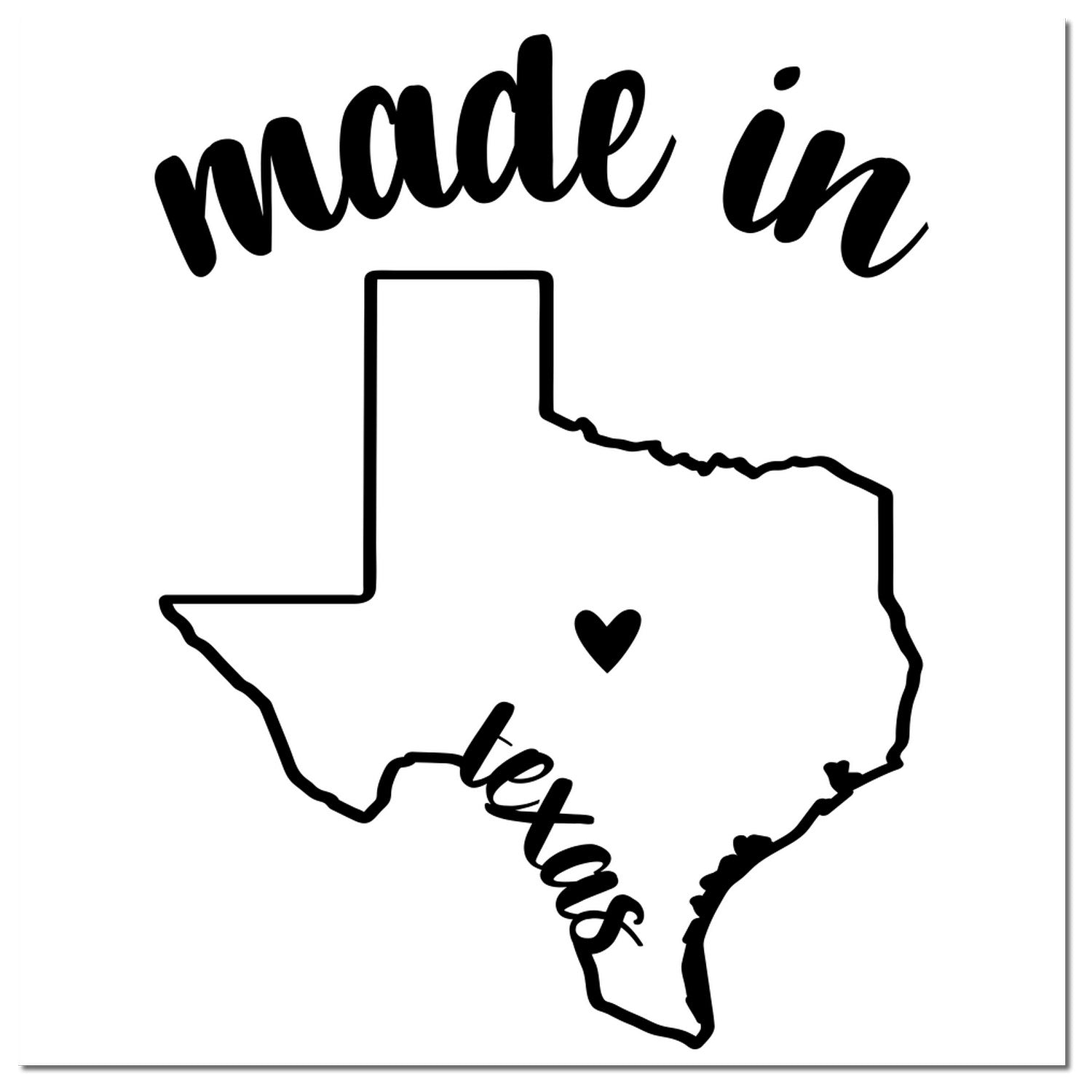 Self-Inking Handmade with Love in Texas Stamp featuring a black outline of Texas with a heart, and the text made in Texas. Perfect for crafts and gifts.