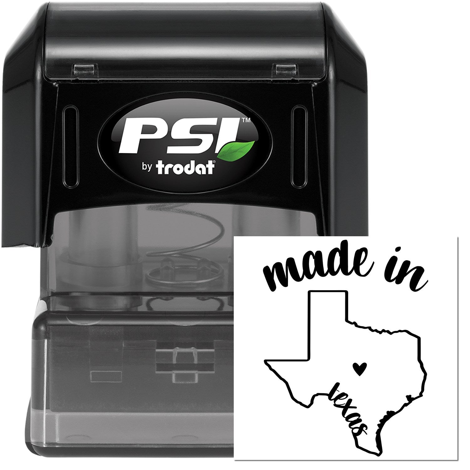 Made in Texas Stamp Pre-Inked, featuring a black casing with 'PSI by Trodat' logo and a stamp design of Texas outline with 'made in' text. Ideal for crafting and branding.