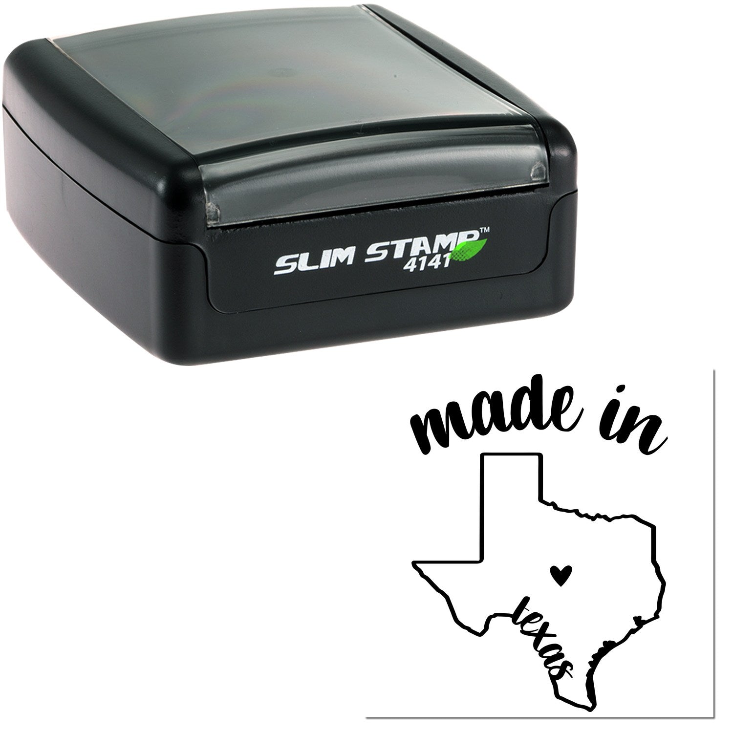 Slim Pre-Inked Stamp Texas Made in Stamp, black casing with 'made in Texas' design, featuring a heart inside the state outline. Compact and efficient for stamping needs.