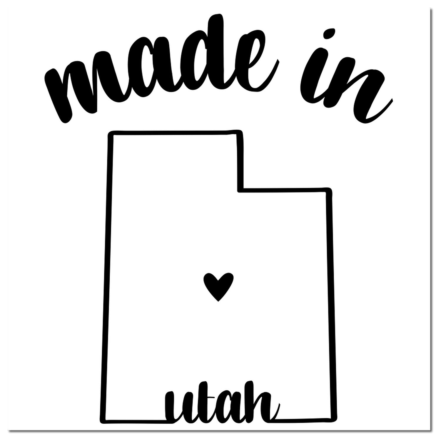 Made in Utah Stamp Pre-Inked featuring a black outline of Utah with 'made in' above and 'Utah' below, and a heart in the center. Perfect for crafts and branding.