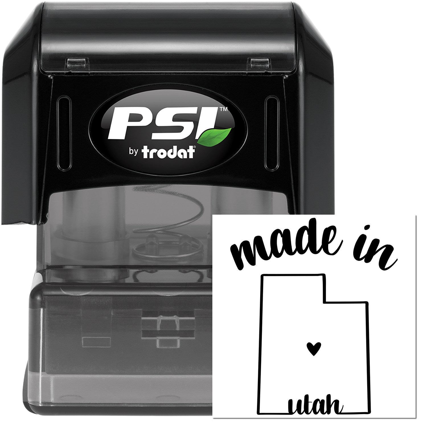 Made in Utah Stamp Pre-Inked, featuring a black casing with 'PSI' logo and a stamp design of Utah's outline with 'made in' text and a heart symbol.