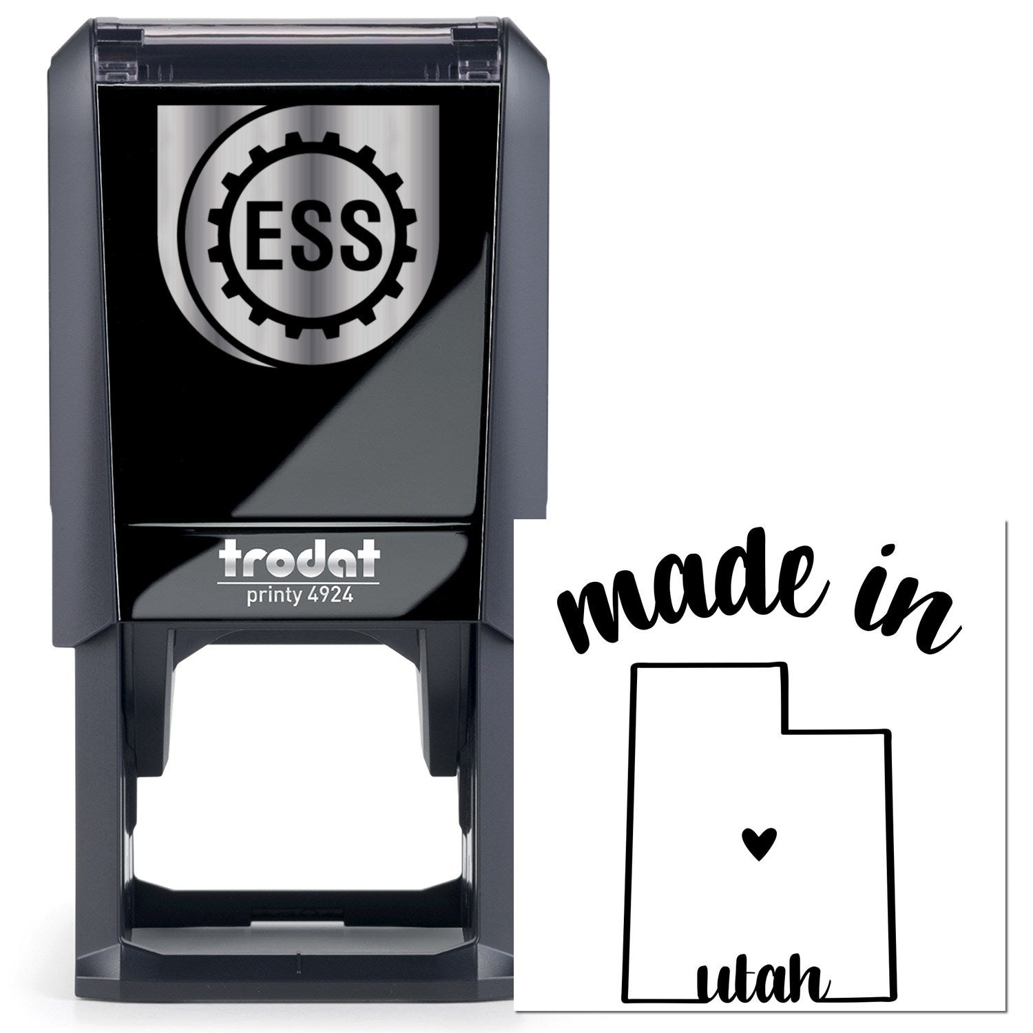 Self-Inking Handmade with Love in Utah Stamp featuring a sleek black design with ESS logo, perfect for adding a personal touch to crafts and gifts.