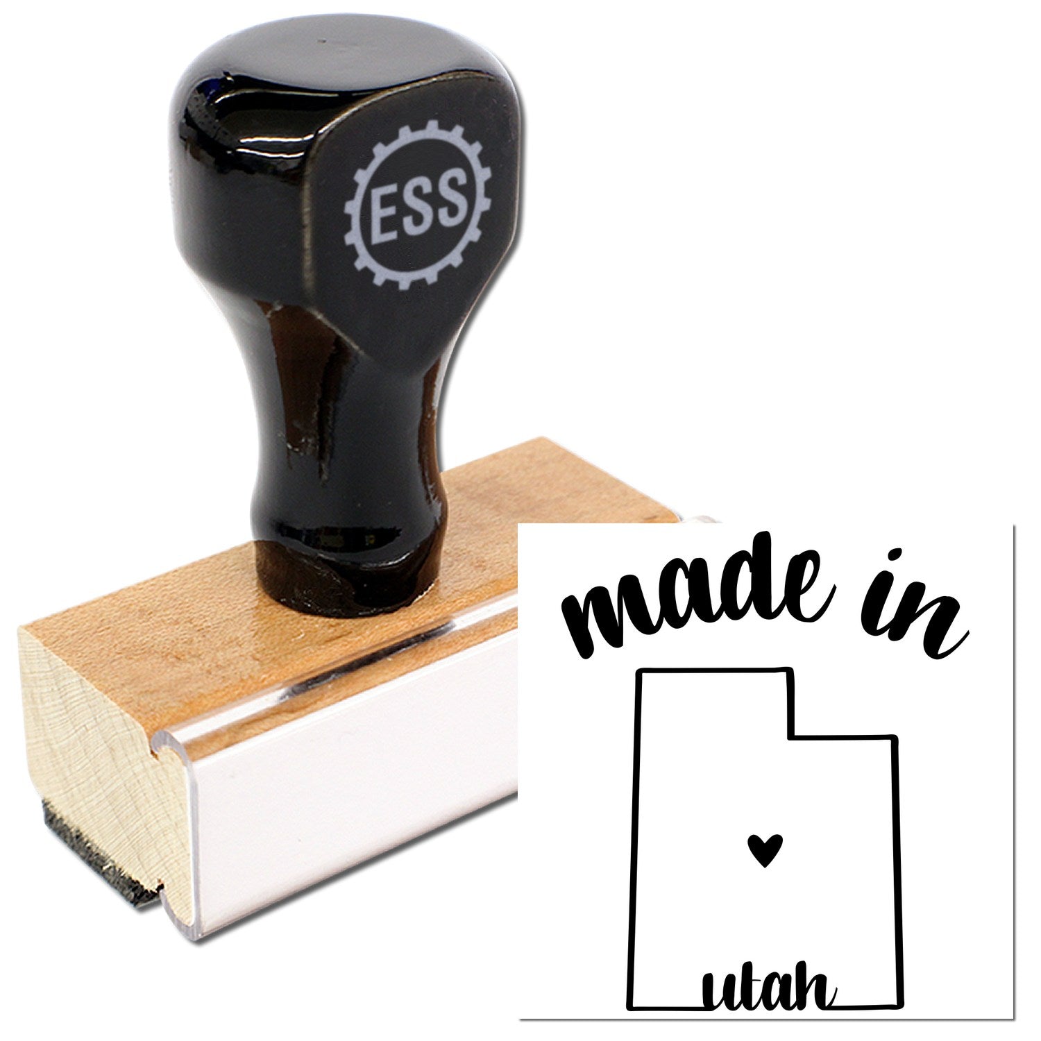 Made with Love in Utah Rubber Stamp featuring a wooden handle and black top with ESS logo, alongside a stamped design of Utah's outline with 'made in' and a heart symbol.