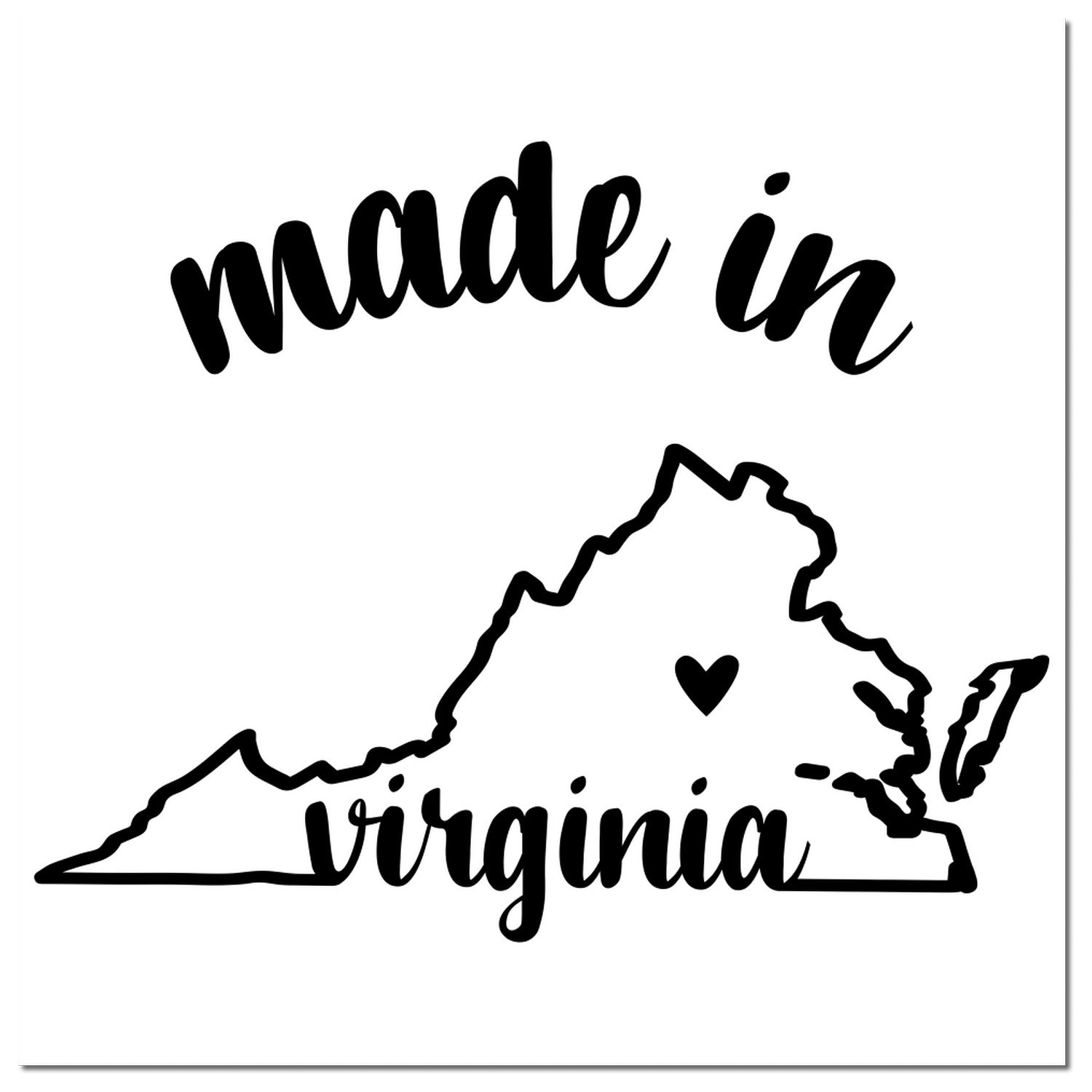 Made with Love in Virginia Rubber Stamp featuring a black outline of Virginia with a heart, perfect for crafts and gifts. High-quality design for personalized projects.