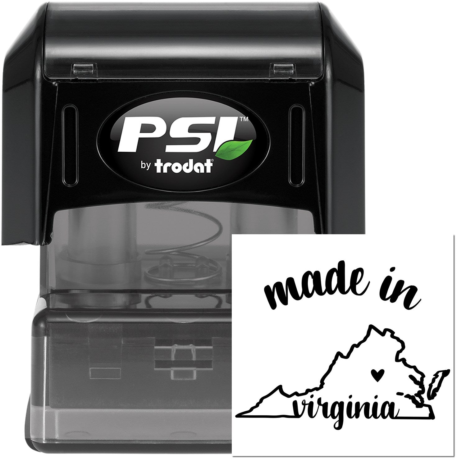 Made in Virginia Stamp Pre-Inked, featuring a black casing with 'PSI by Trodat' logo and a stamp design of Virginia's outline with 'made in virginia' text and heart symbol.