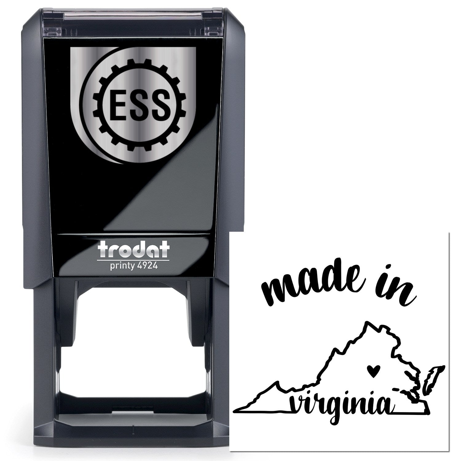 Self-Inking Handmade with Love in Virginia Stamp featuring a sleek black design with ESS logo, perfect for adding a personal touch to crafts and gifts.