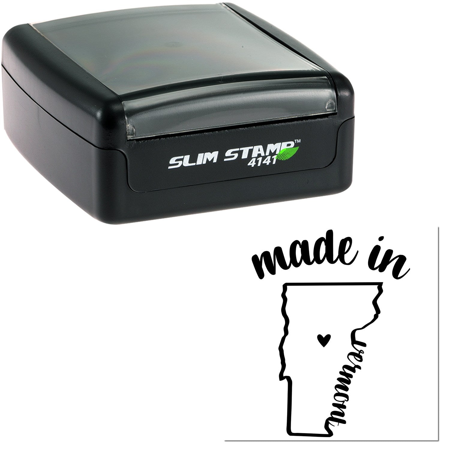 Slim Pre-Inked Stamp Vermont Made in Stamp, black casing, compact design, with 'Made in Vermont' imprint featuring a heart and state outline. Ideal for efficient, clean stamping.