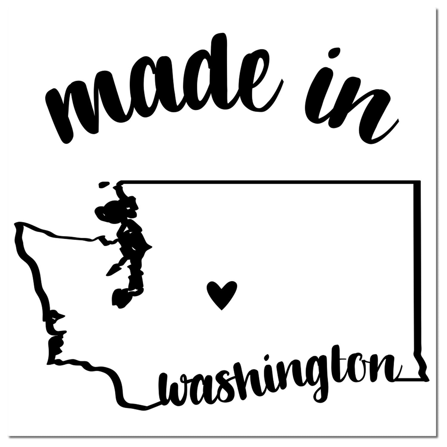 Made with Love in Washington Rubber Stamp featuring a black outline of Washington state with a heart symbol, and cursive text 'made in Washington' on a white background.