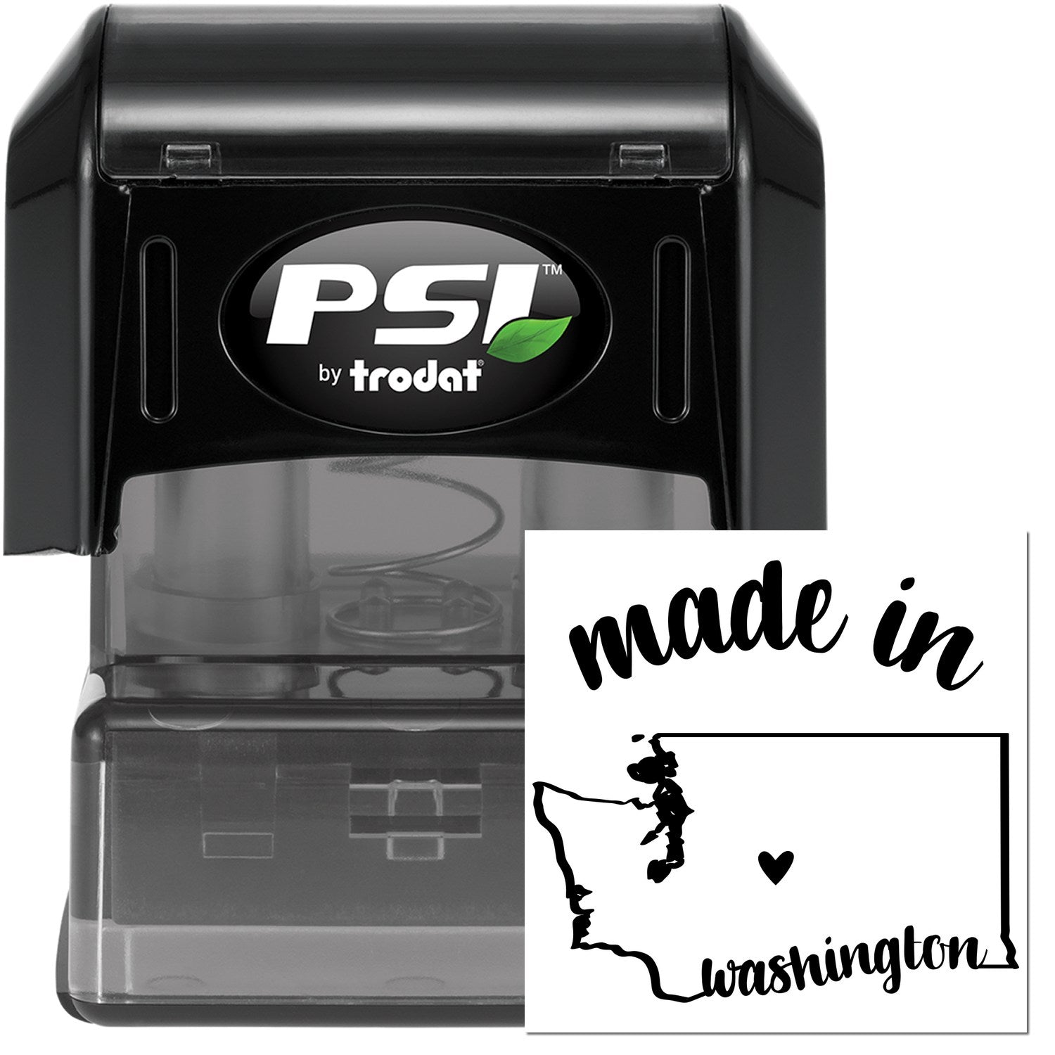 Made in Washington Stamp Pre-Inked, featuring a black casing with 'PSI' logo and a stamp design of Washington state outline with 'made in Washington' text and heart graphic.