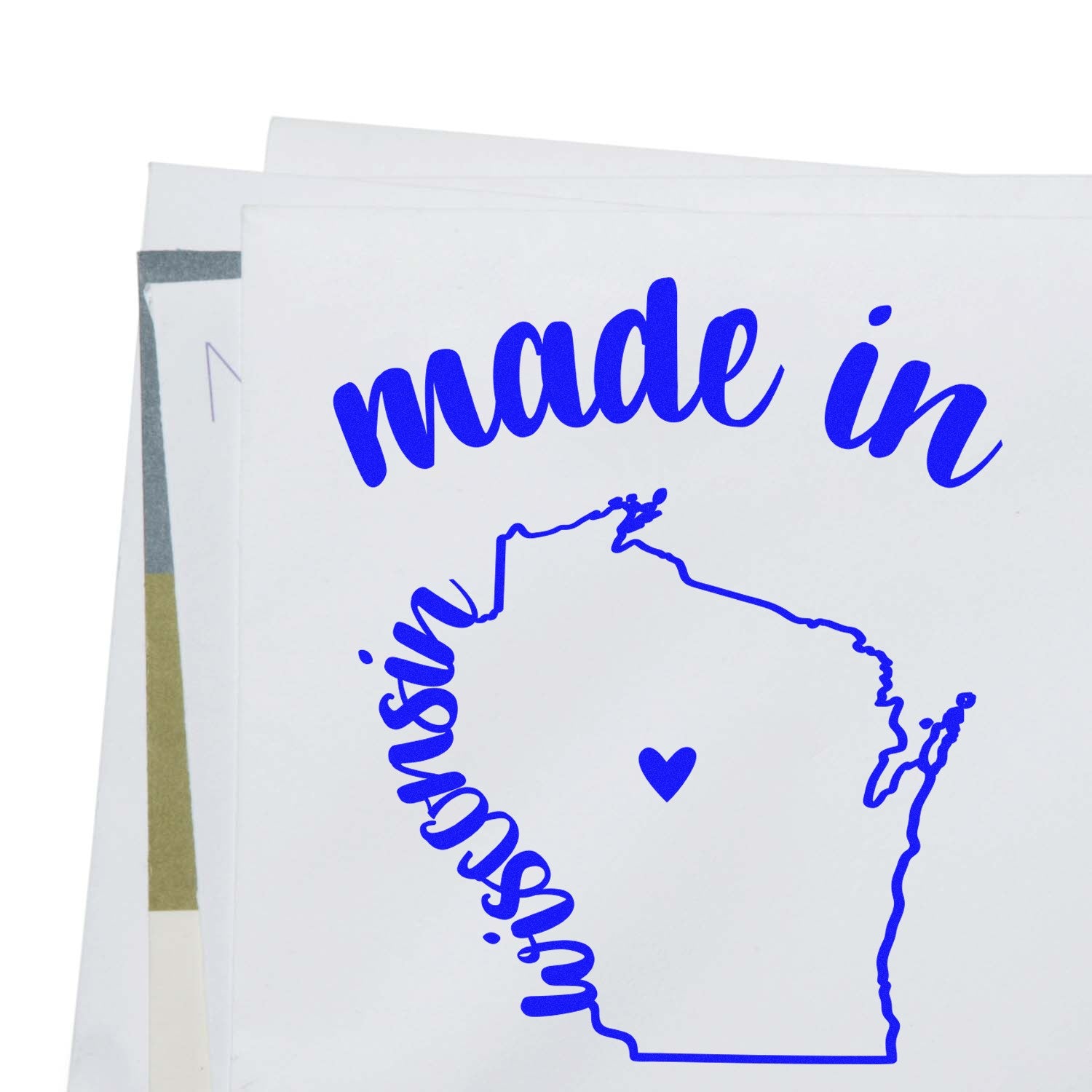 Self-Inking Handmade with Love in Wisconsin Stamp featuring a blue outline of Wisconsin with a heart, and 'made in' text, perfect for crafts and gifts.