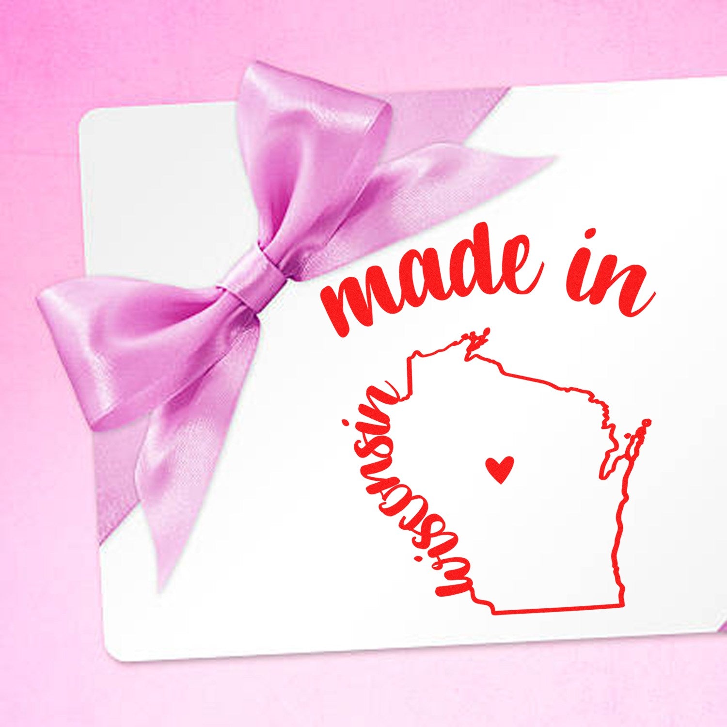 Self-Inking Handmade with Love in Wisconsin Stamp featuring a red Wisconsin outline with a heart, perfect for crafts and gifts.