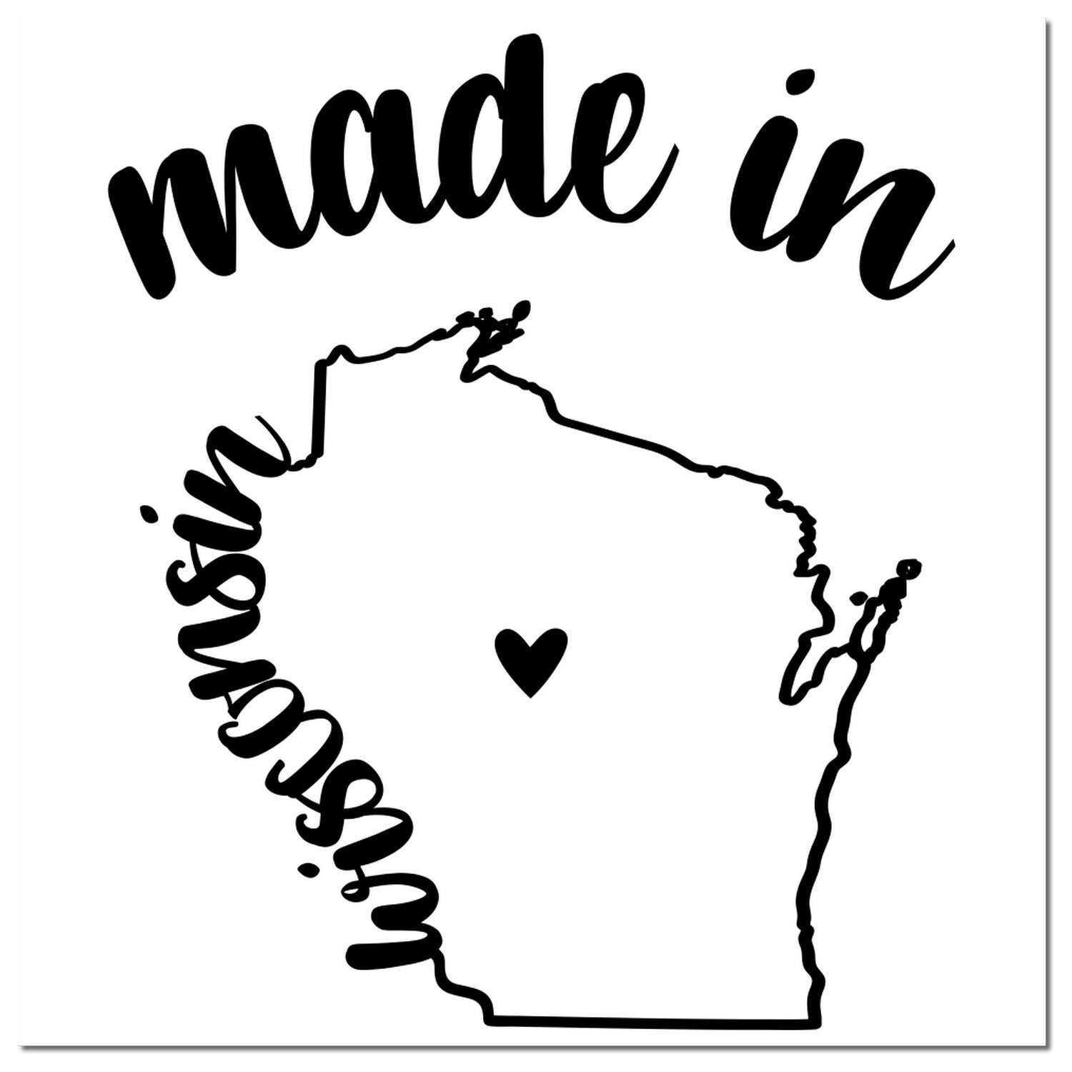 Slim Pre-Inked Stamp Wisconsin Made in Stamp featuring a black outline of Wisconsin with a heart in the center and 'made in' text above. Perfect for crafts and gifts.